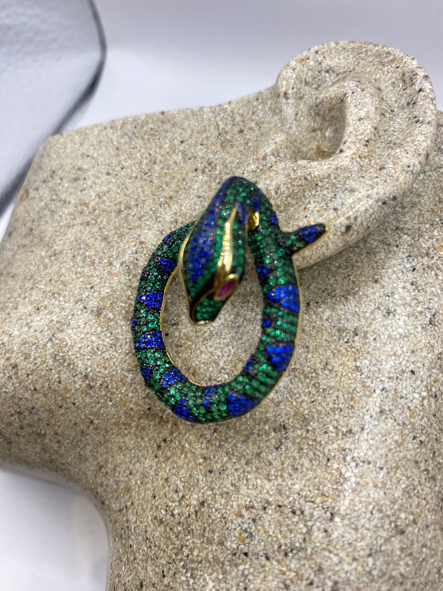 Vintage Green, blue and pink ruby crystal Snake Earrings golden 925 Sterling Silver