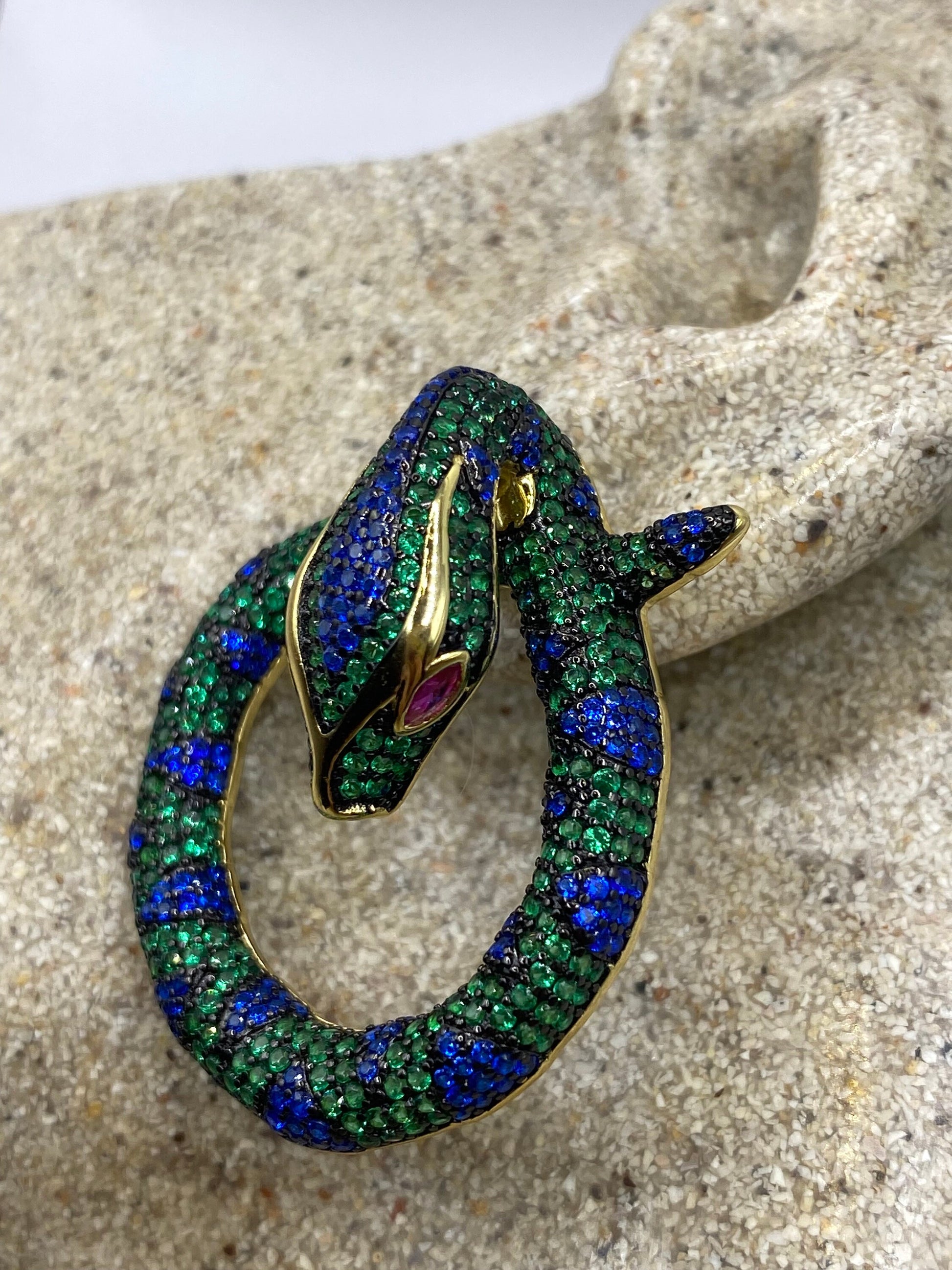 Vintage Green, blue and pink ruby crystal Snake Earrings golden 925 Sterling Silver