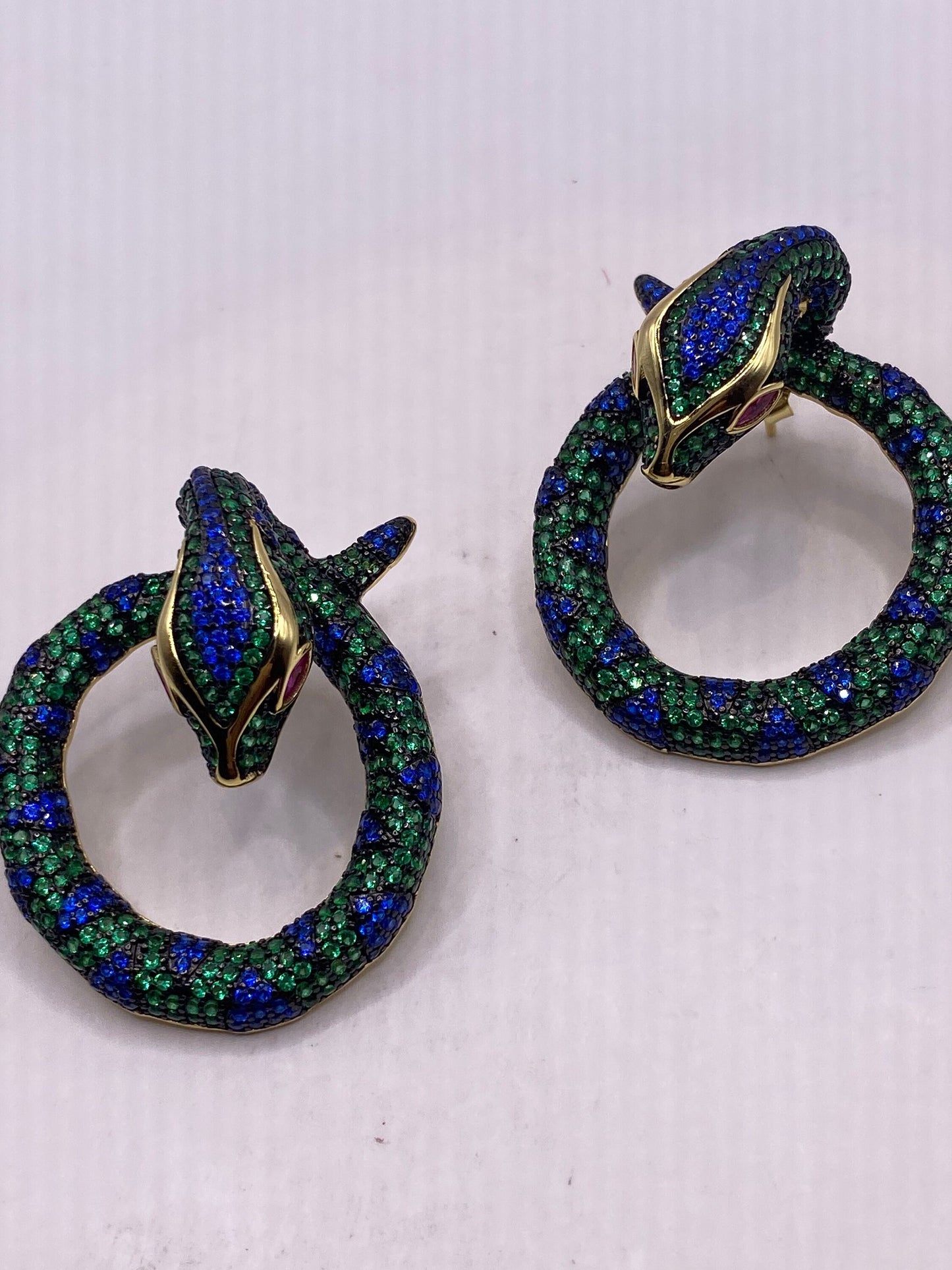 Vintage Green, blue and pink ruby crystal Snake Earrings golden 925 Sterling Silver