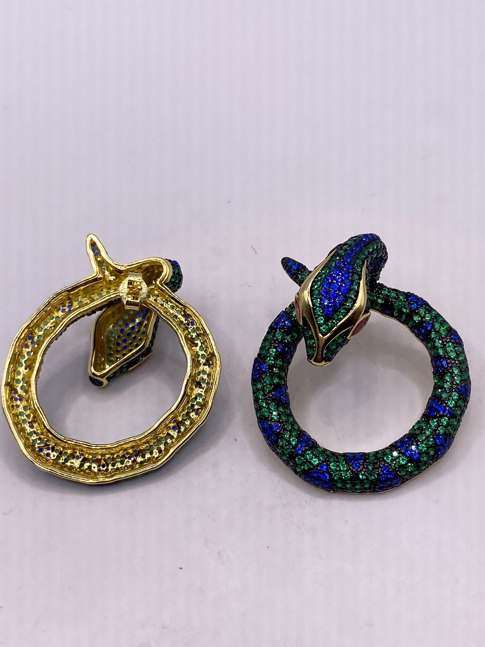 Vintage Green, blue and pink ruby crystal Snake Earrings golden 925 Sterling Silver