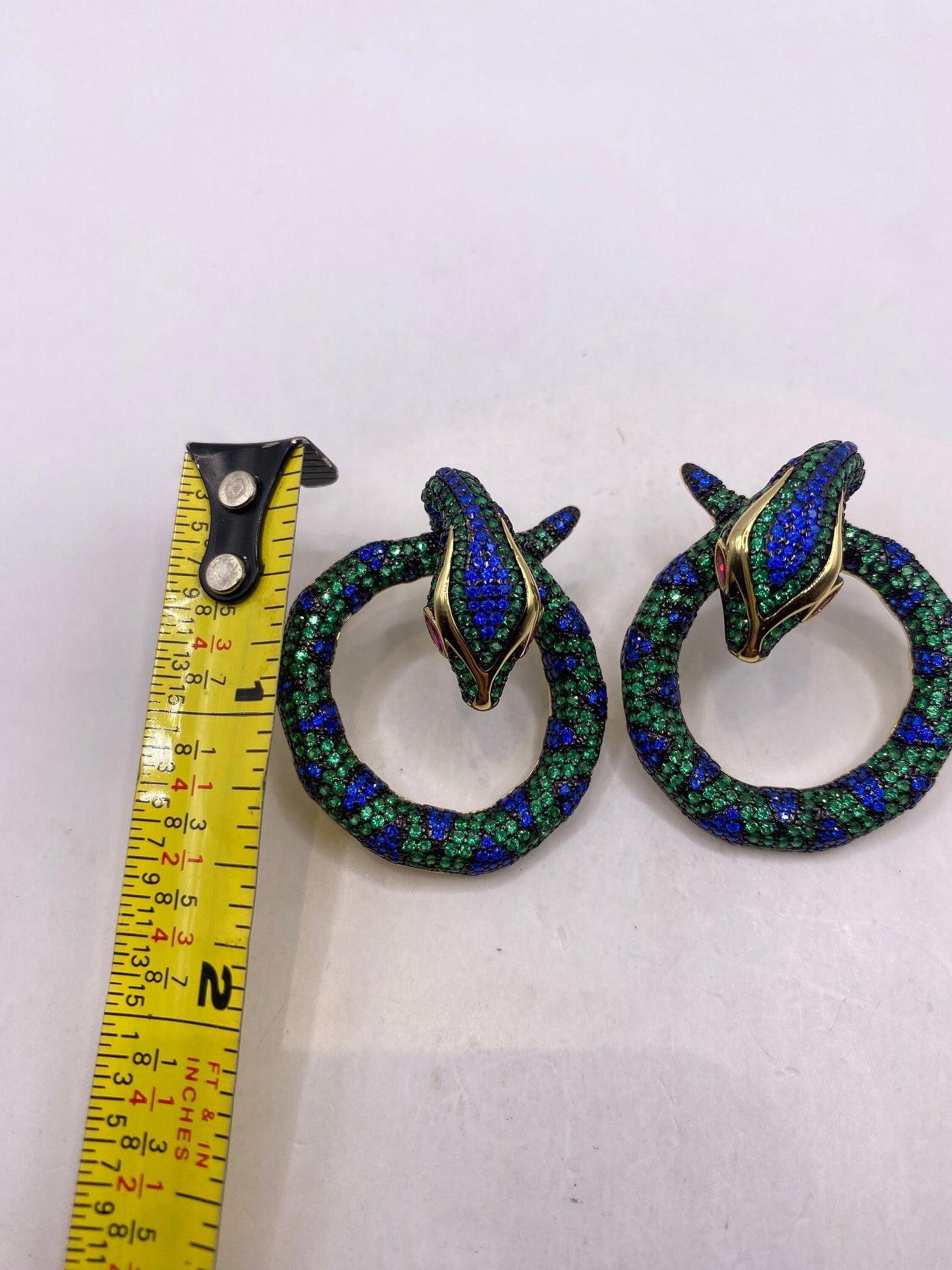 Vintage Green, blue and pink ruby crystal Snake Earrings golden 925 Sterling Silver