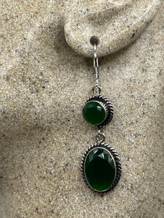 Antique Vintage Green Glass Silver Dangle Earrings