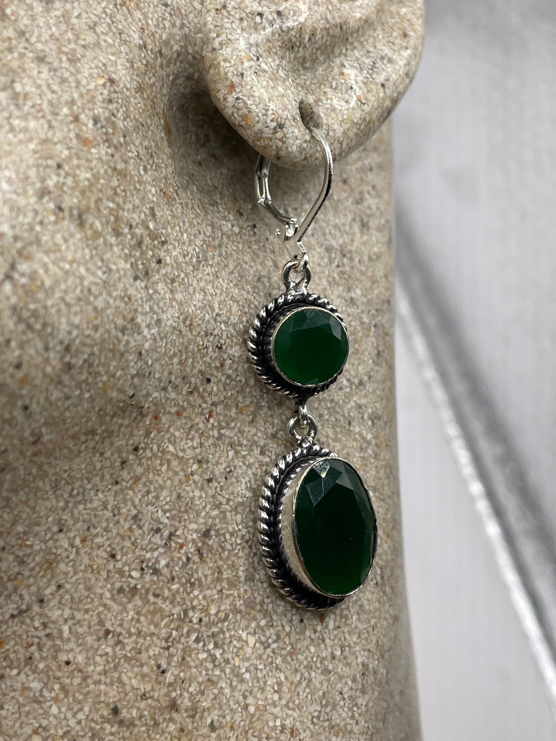 Antique Vintage Green Glass Silver Dangle Earrings