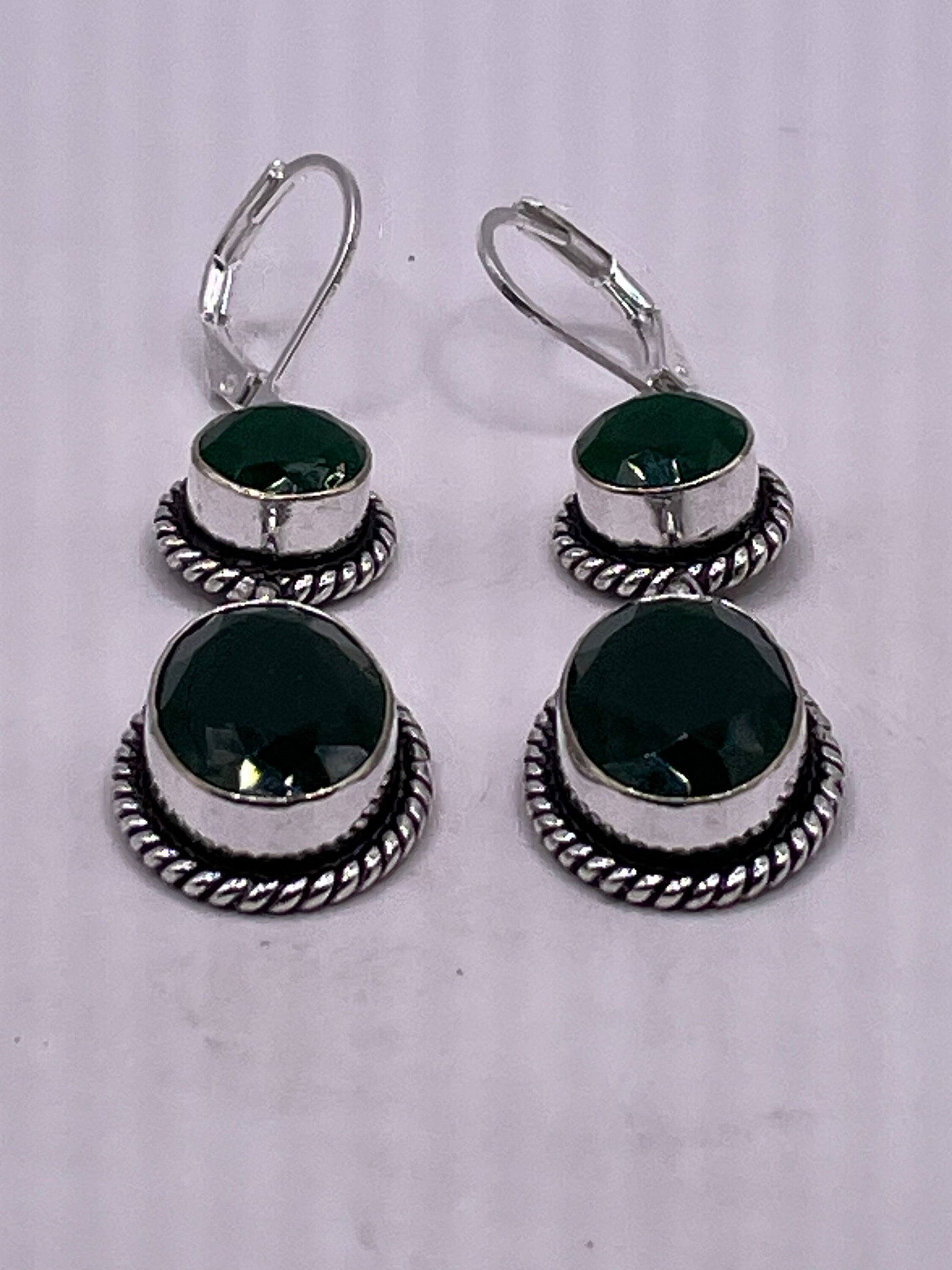 Antique Vintage Green Glass Silver Dangle Earrings