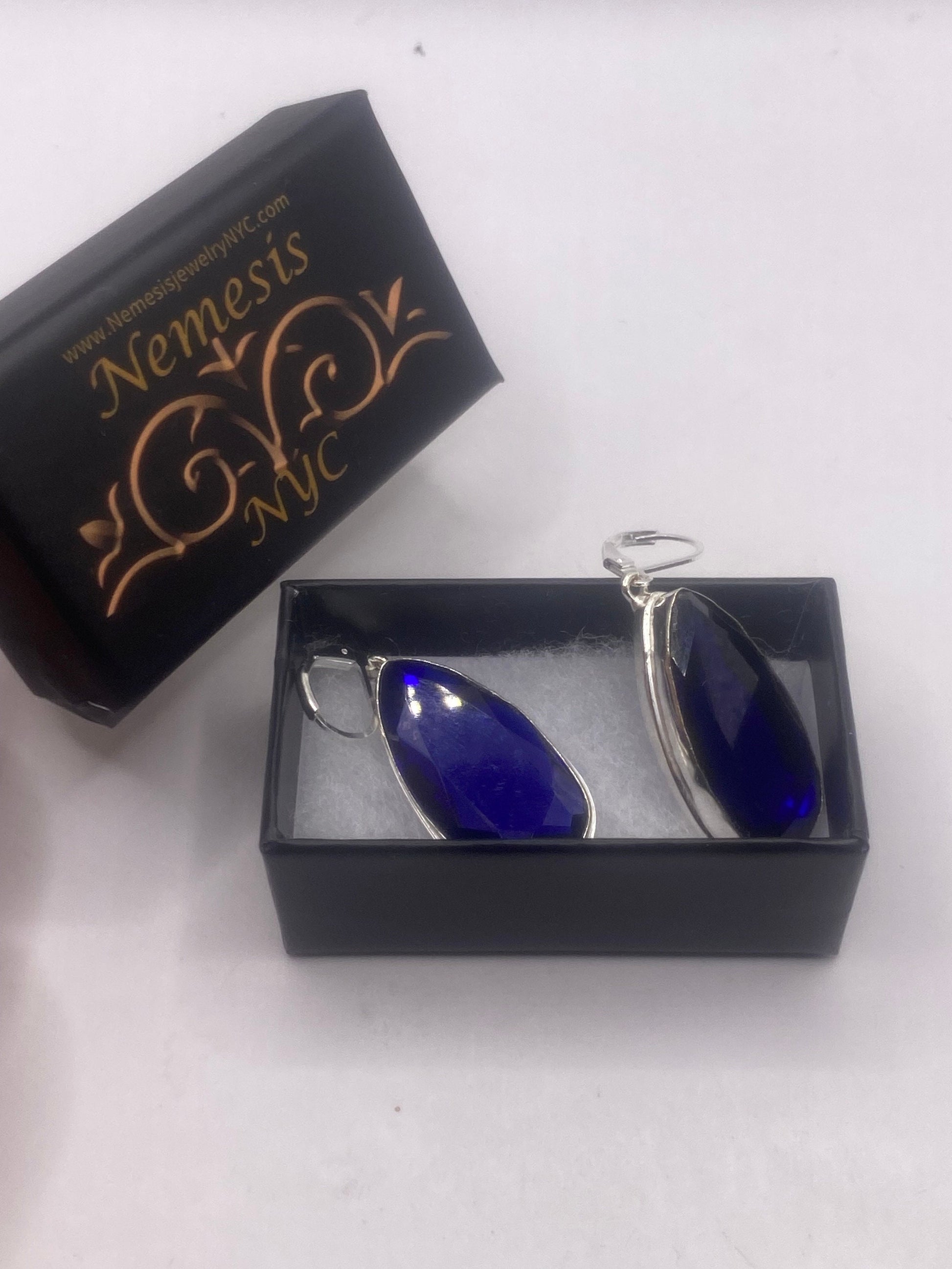 Antique Vintage Blue Cobalt Glass Silver Dangle Earrings