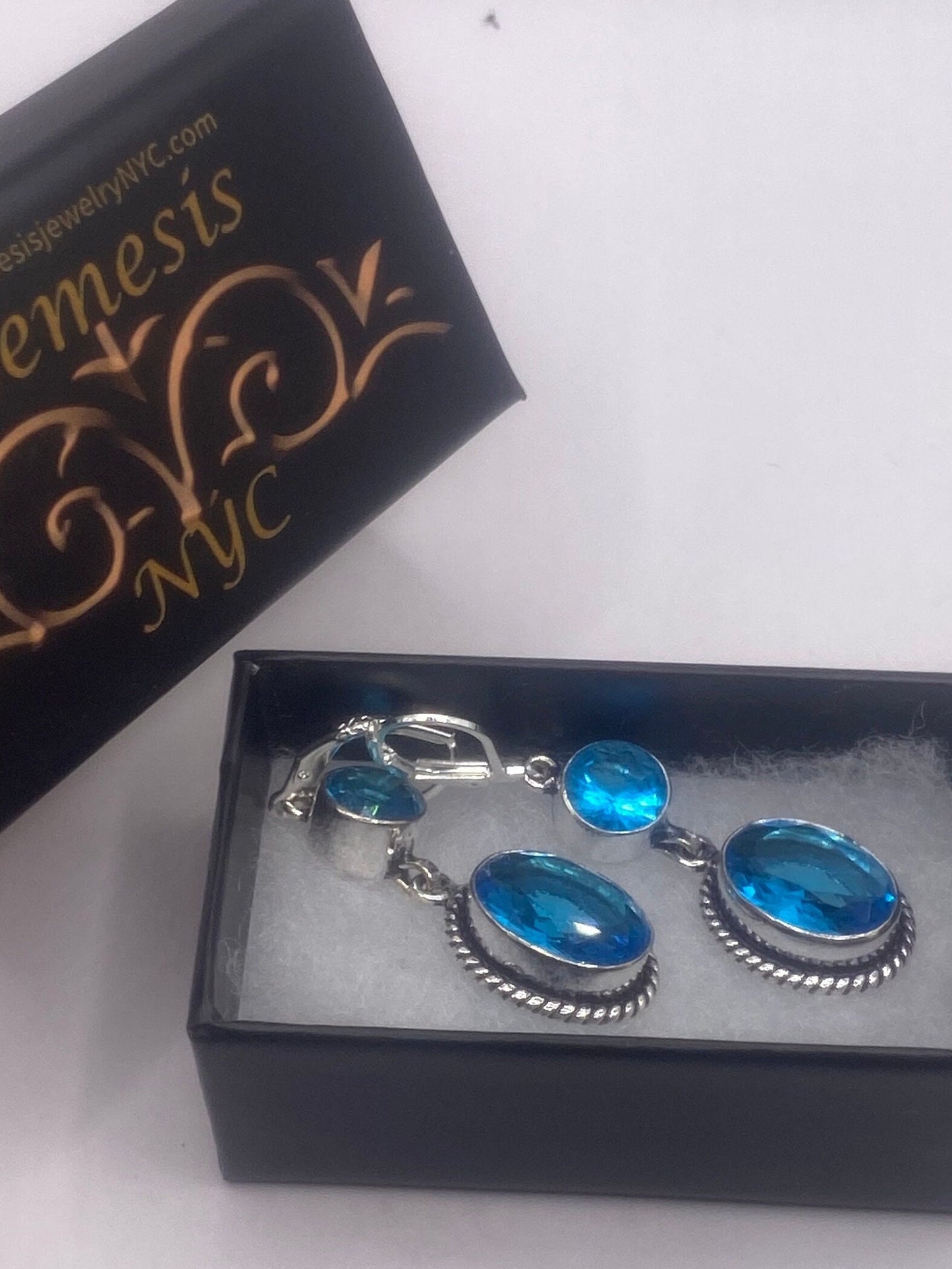 Antique Vintage Blue Glass Silver Dangle Earrings