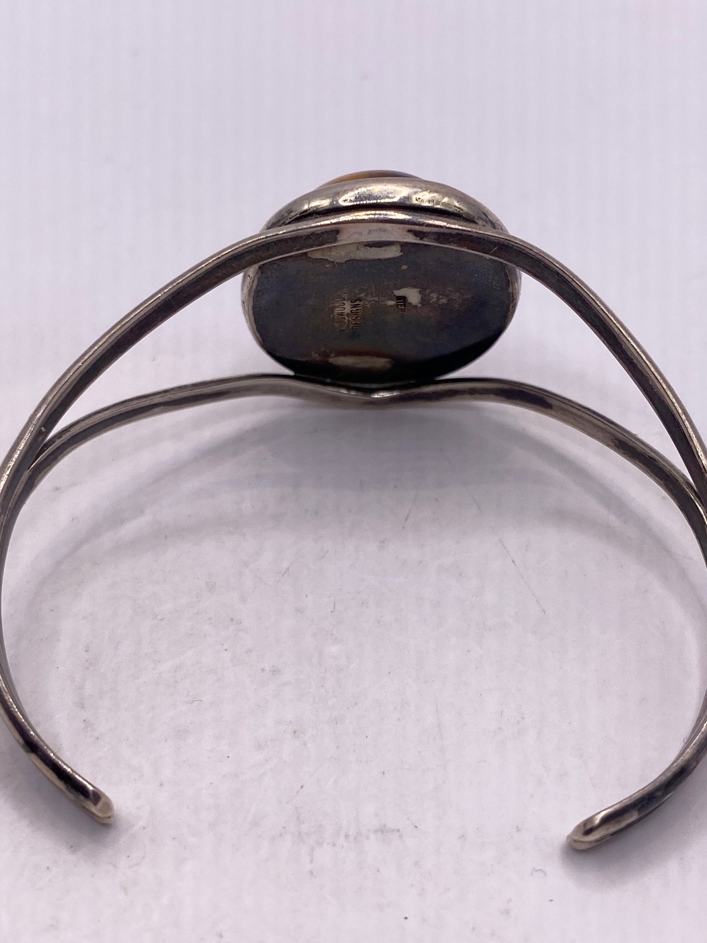 Vintage 925 Sterling Silver Tigers Eye Cuff Bangle Bracelet