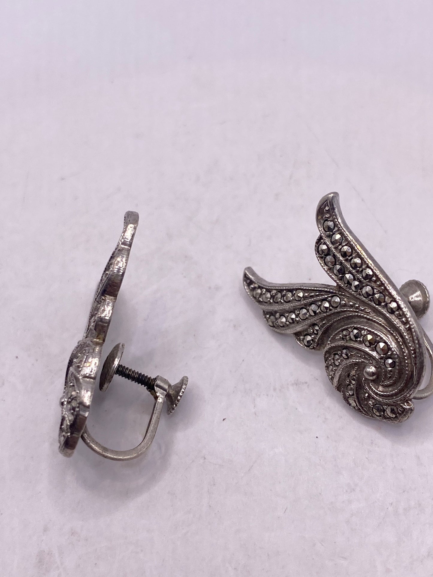 Antique Vintage Marcasite 925 Sterling Silver Screw Back Earrings