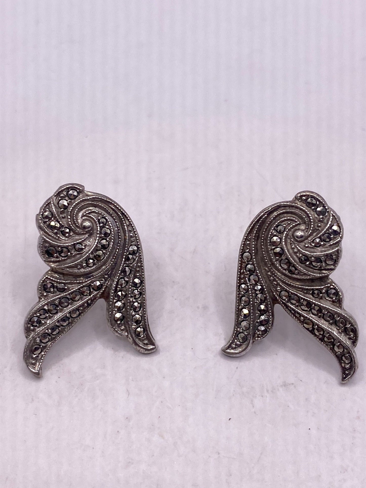 Antique Vintage Marcasite 925 Sterling Silver Screw Back Earrings