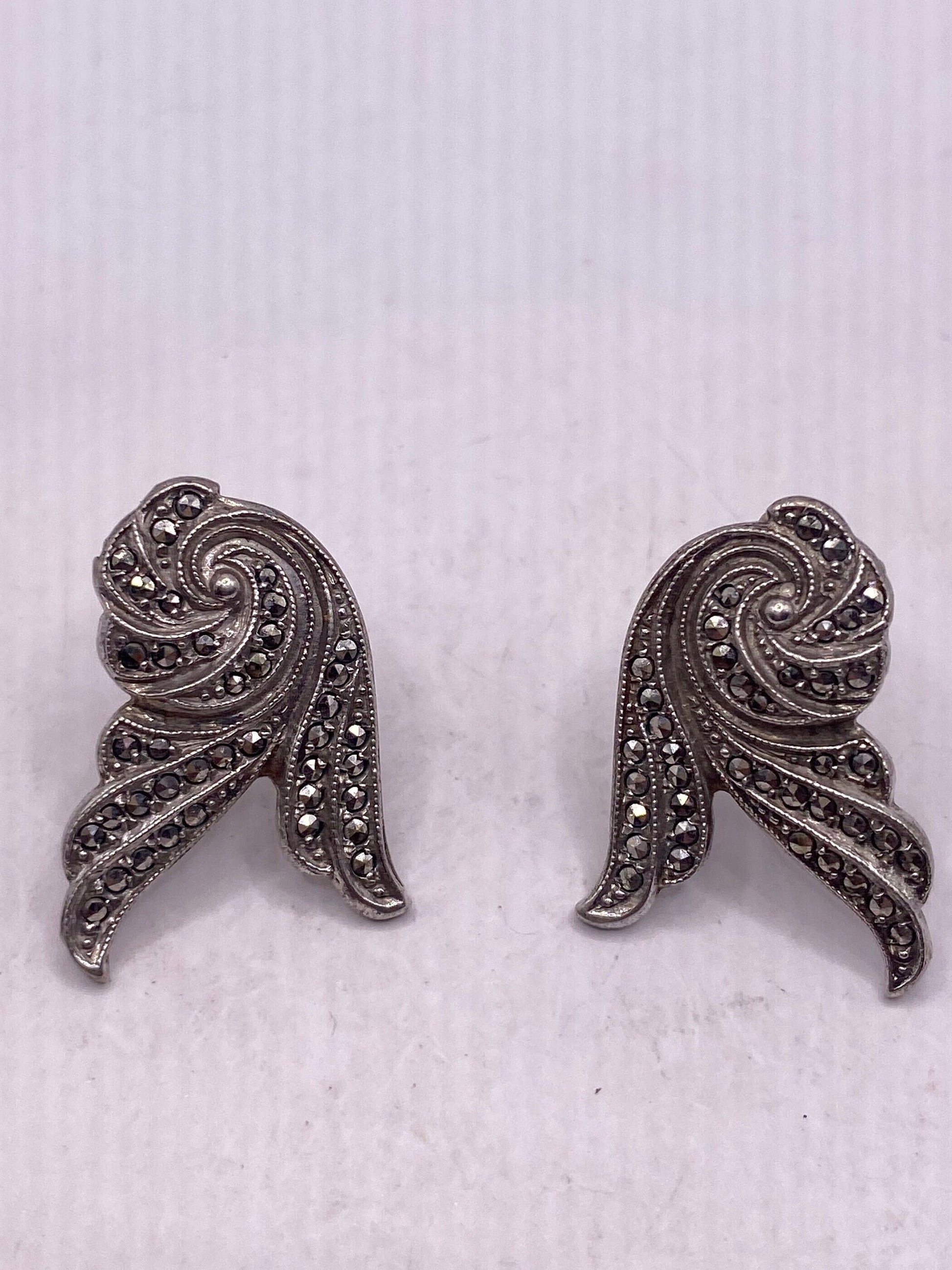 Antique Vintage Marcasite 925 Sterling Silver Screw Back Earrings