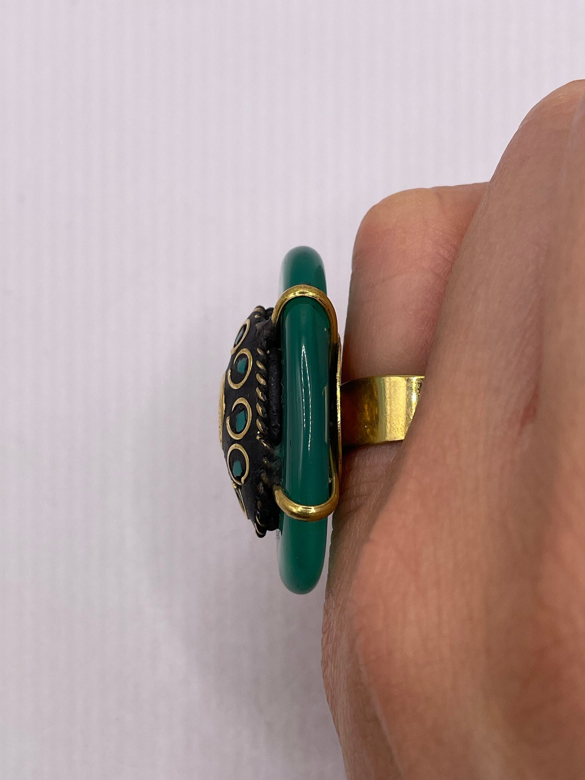 Vintage Genuine Green Agate Adjustable Statement Ring