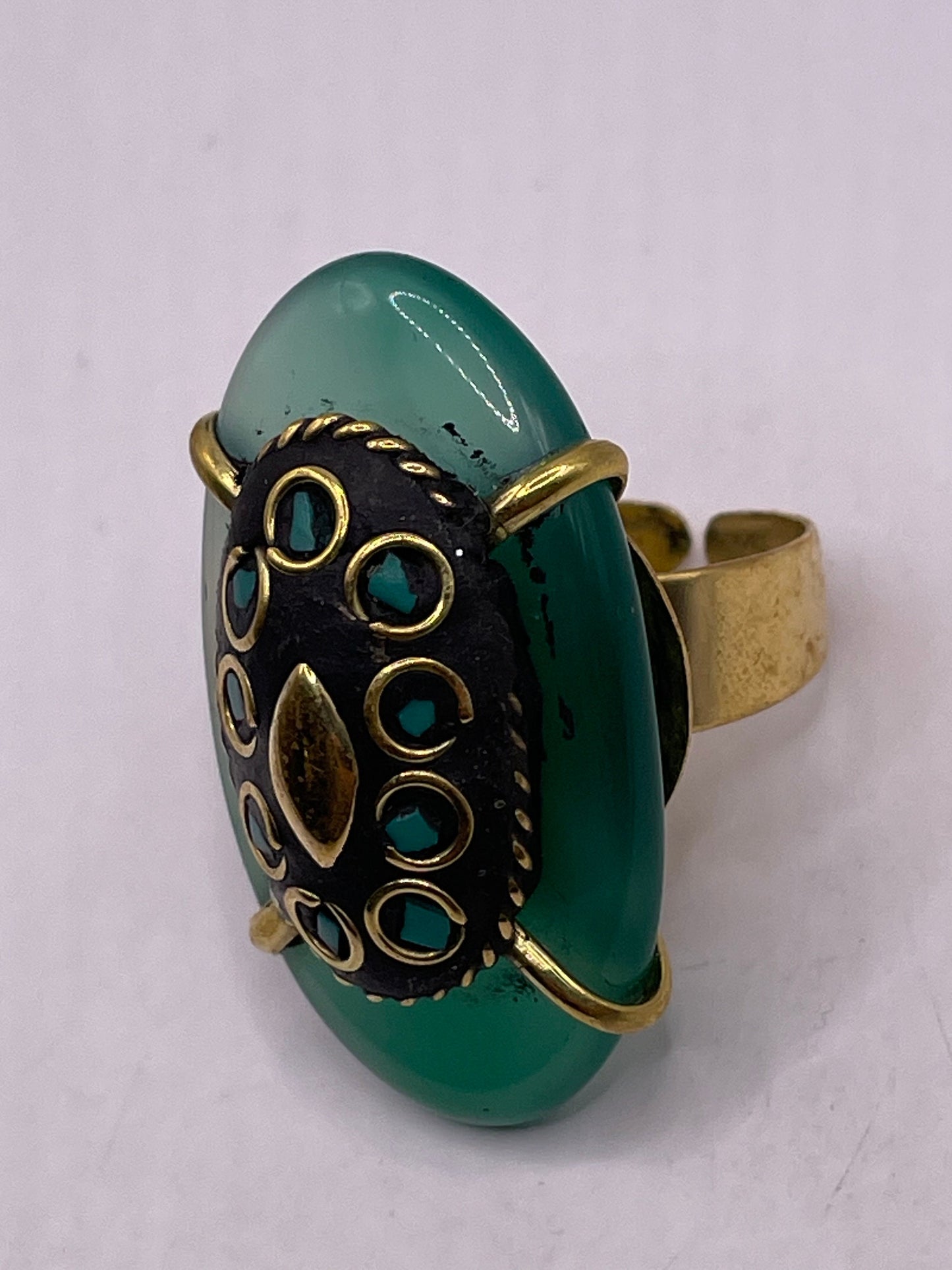 Vintage Genuine Green Agate Adjustable Statement Ring