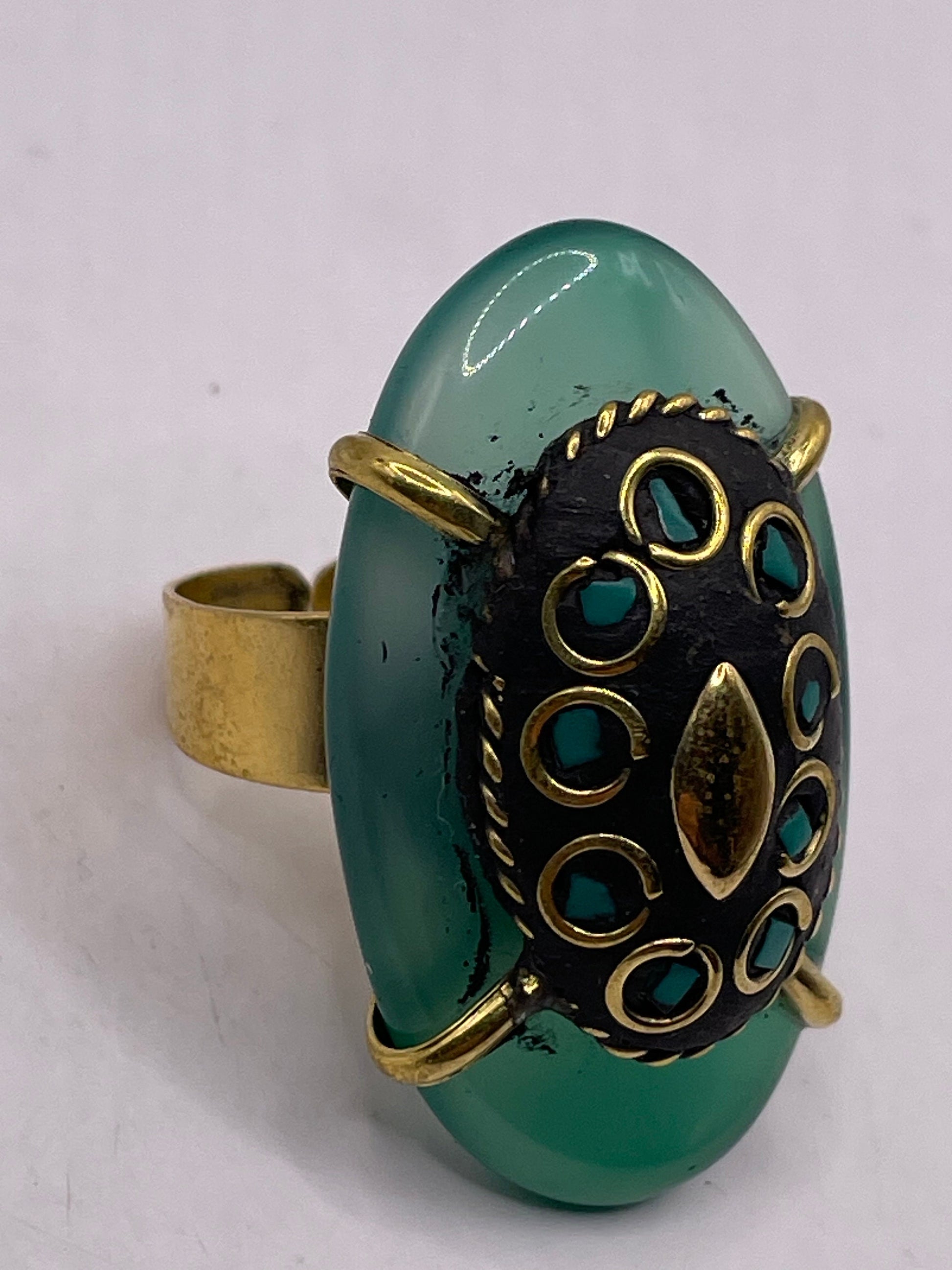 Vintage Genuine Green Agate Adjustable Statement Ring