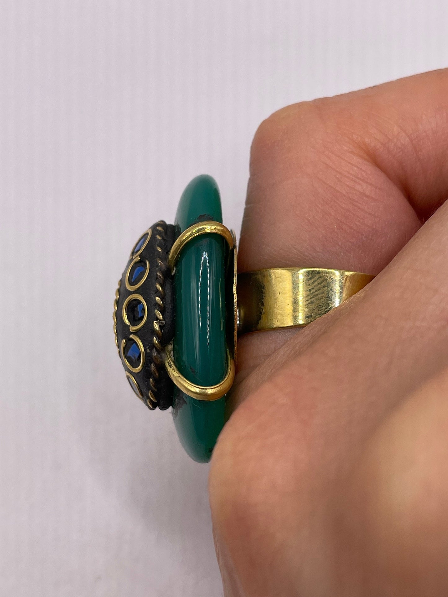 Vintage Genuine Green Agate Adjustable Statement Ring