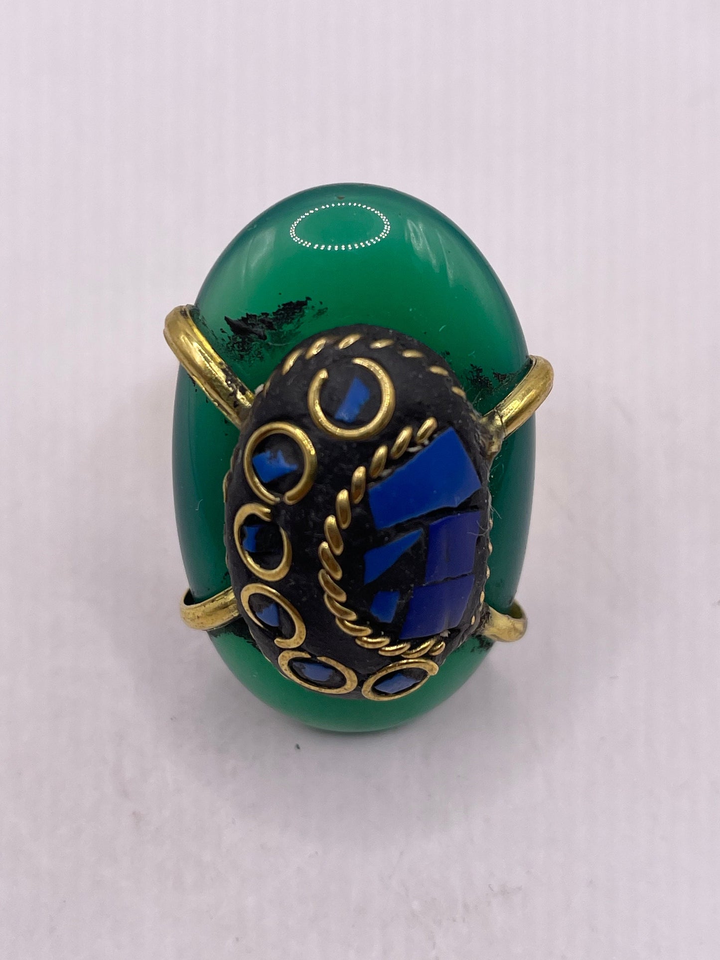 Vintage Genuine Green Agate Adjustable Statement Ring