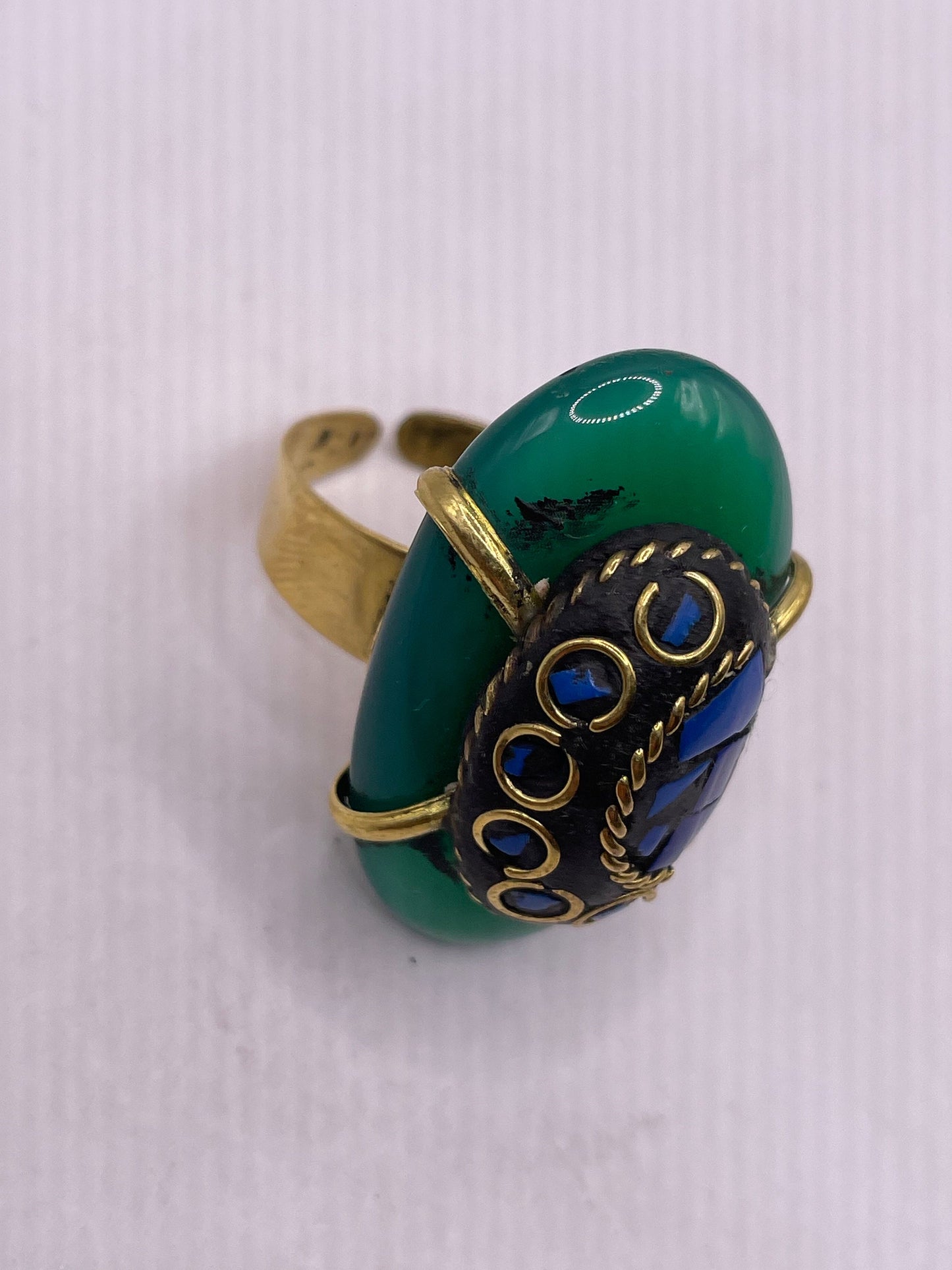 Vintage Genuine Green Agate Adjustable Statement Ring