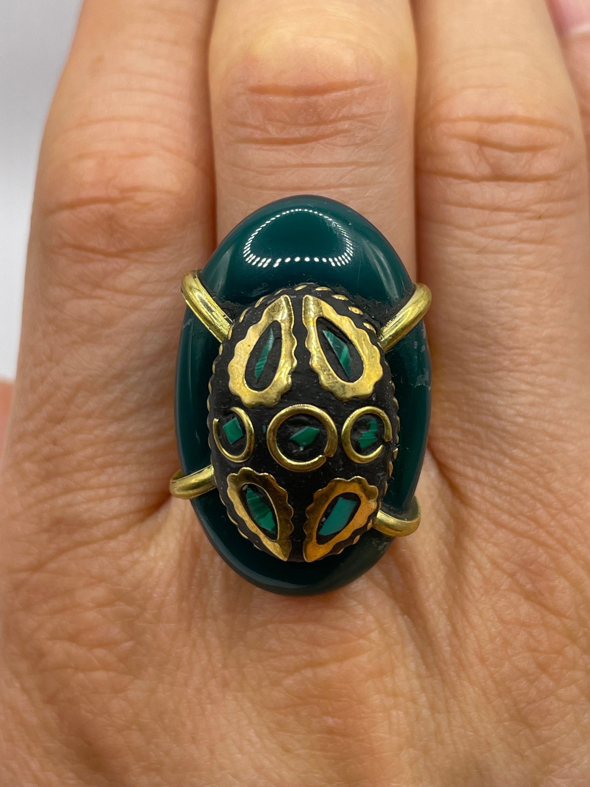 Vintage Genuine Green Agate Adjustable Statement Ring