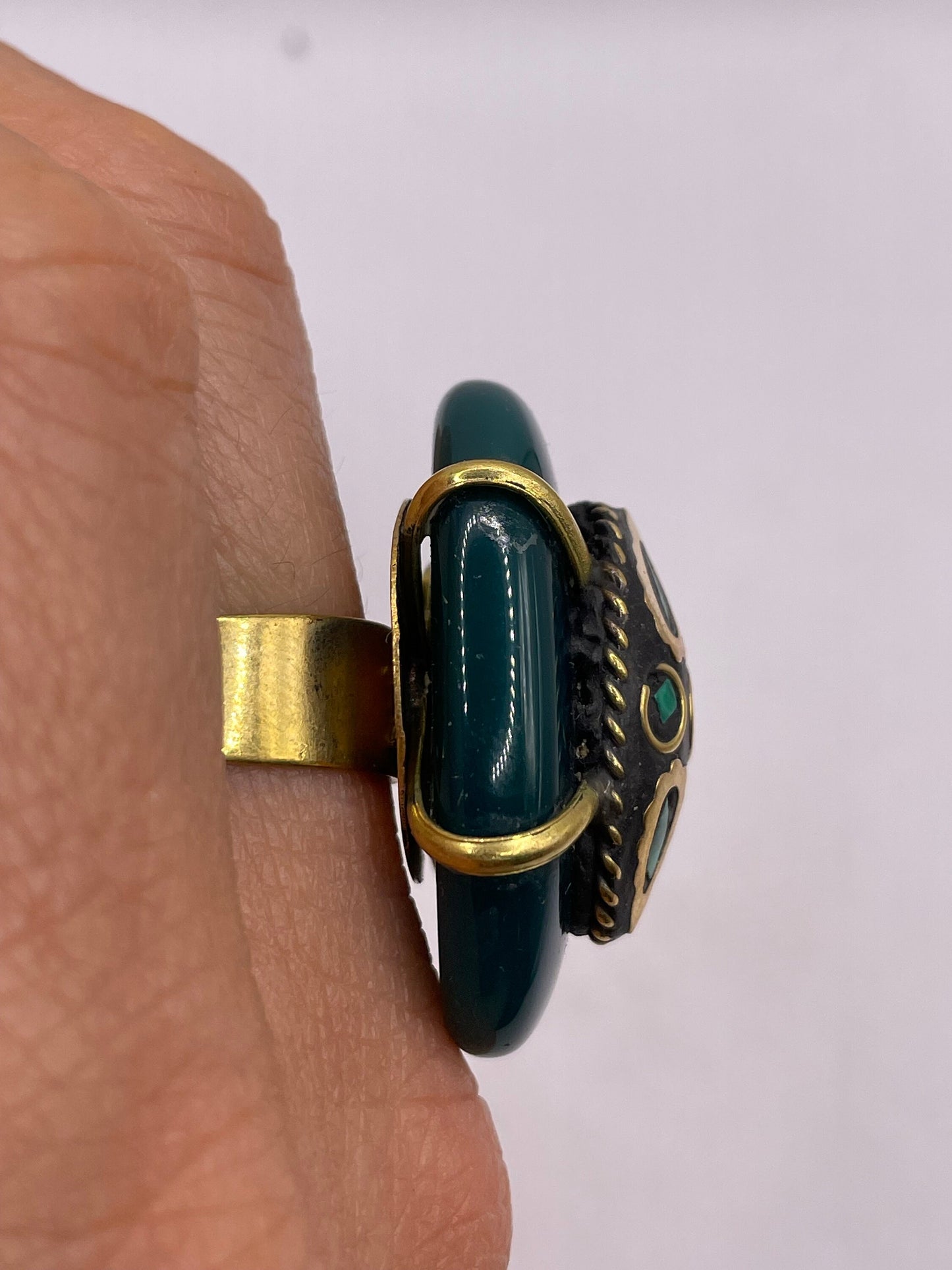 Vintage Genuine Green Agate Adjustable Statement Ring