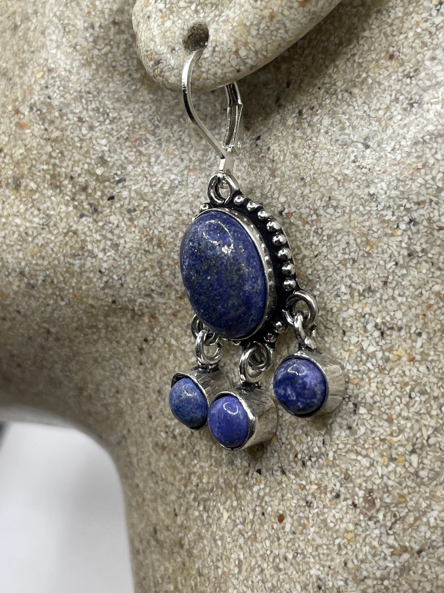 Vintage Blue Lapis Chalcedony Earrings Silver Dangle