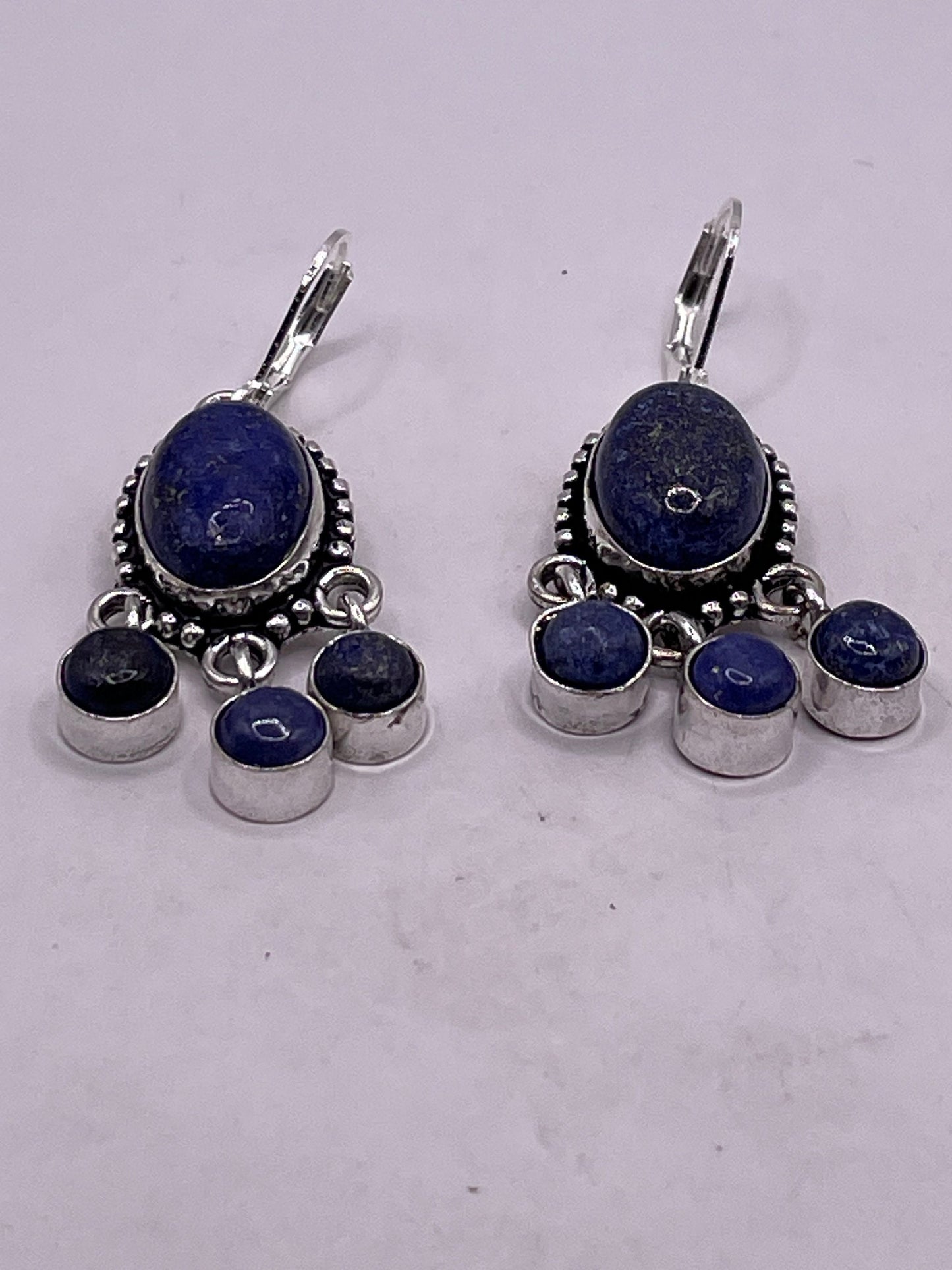 Vintage Blue Lapis Chalcedony Earrings Silver Dangle