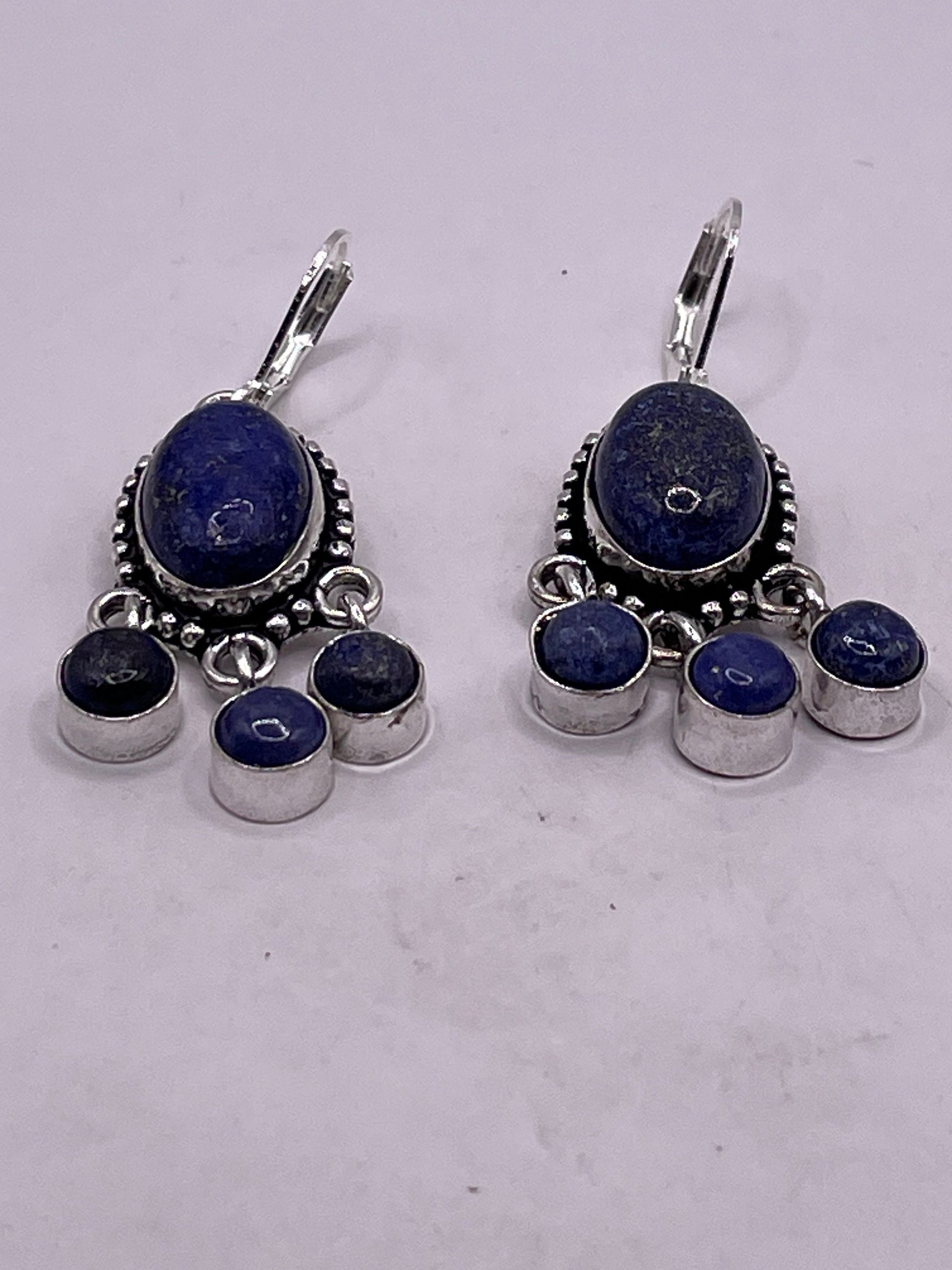 Vintage Blue Lapis Chalcedony Earrings Silver Dangle