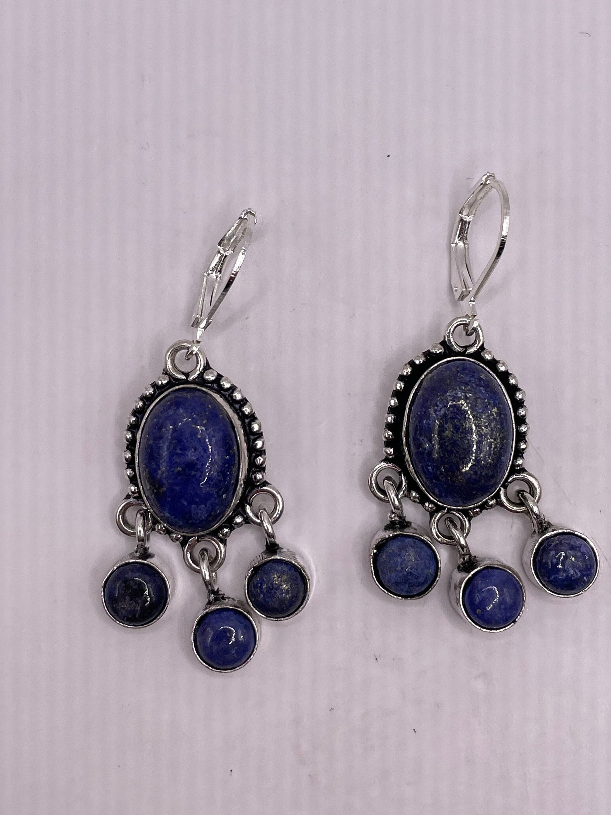 Vintage Blue Lapis Chalcedony Earrings Silver Dangle