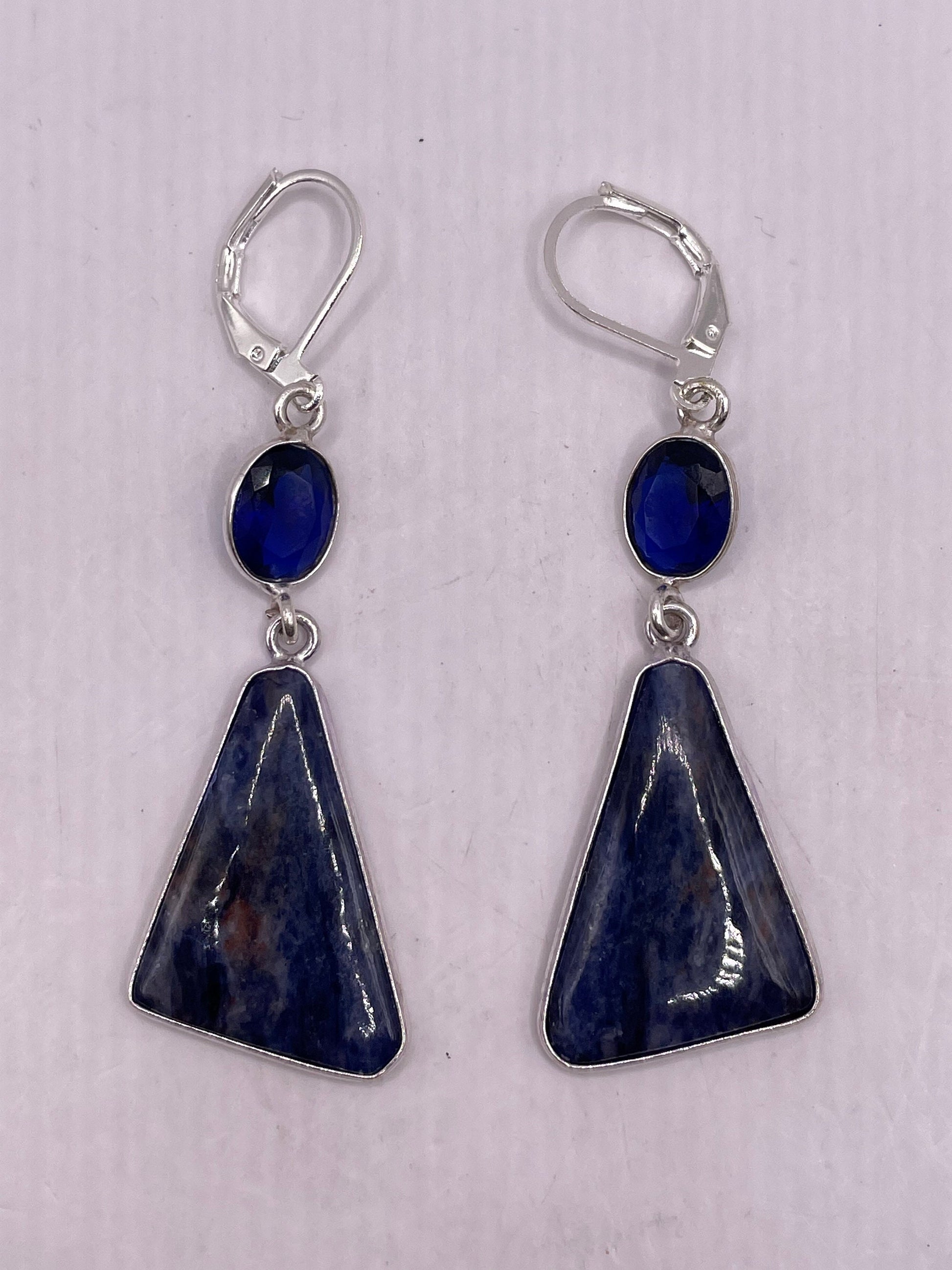 Vintage Blue Lapis Earrings Silver Dangle