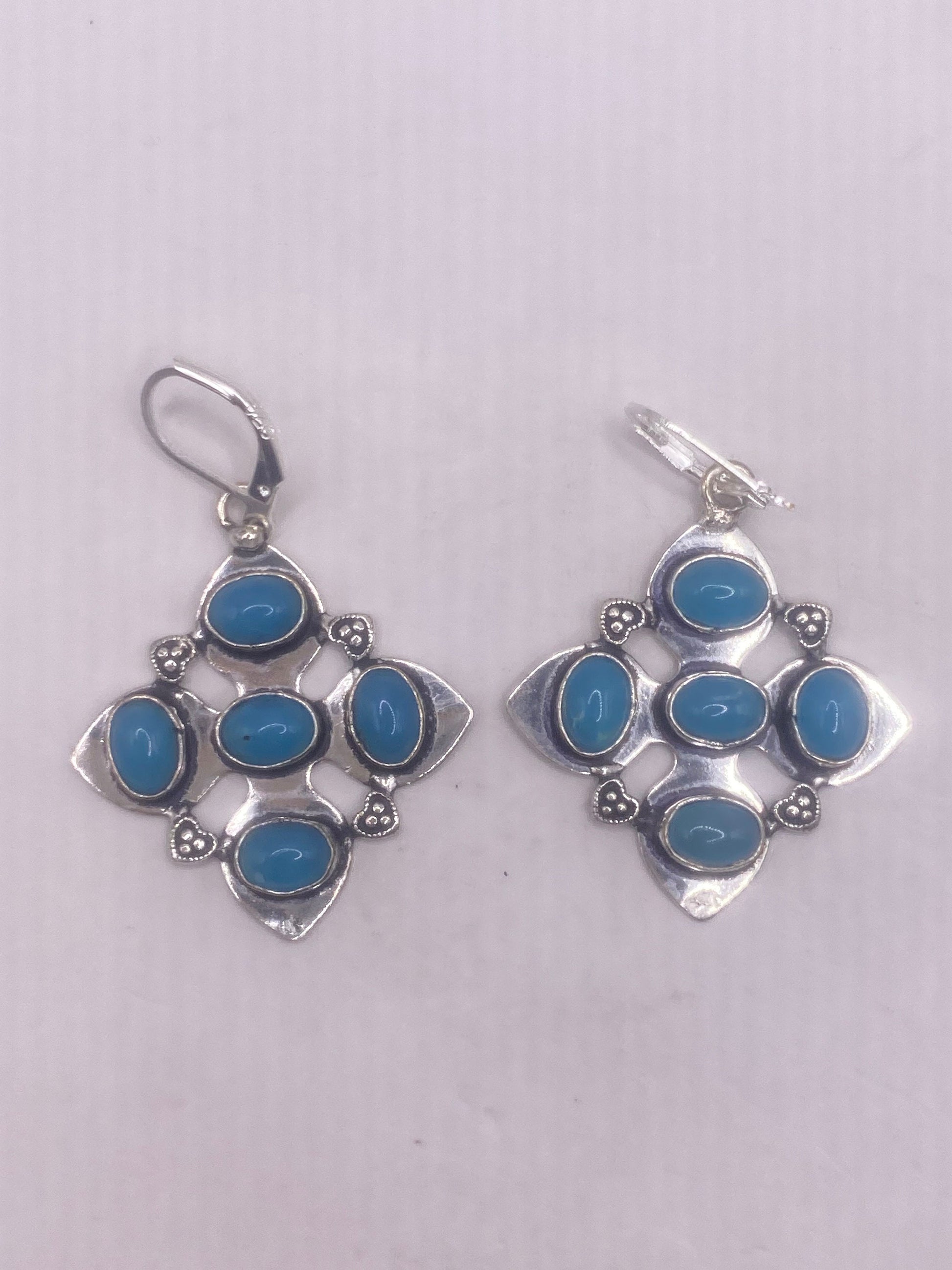 Vintage Blue Chalcedony Earrings Silver Lever back Dangle