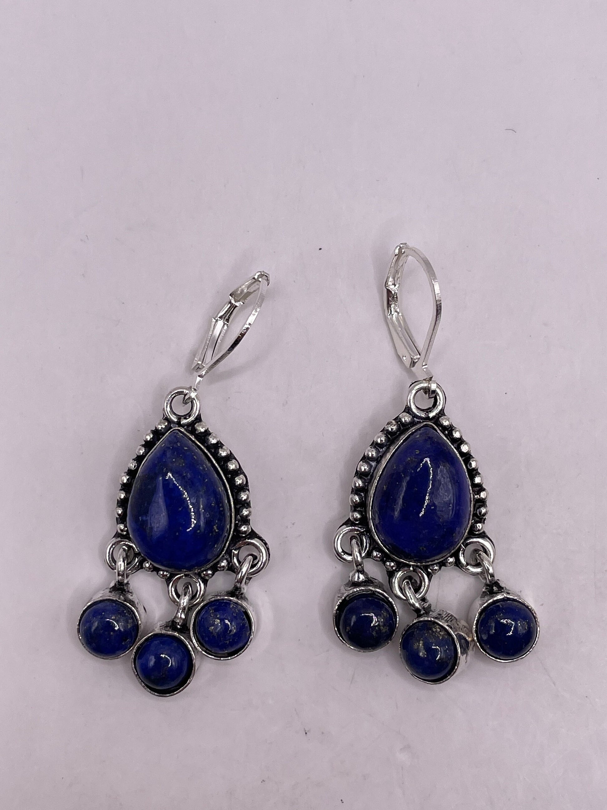 Vintage Blue Lapis Earrings Silver Dangle