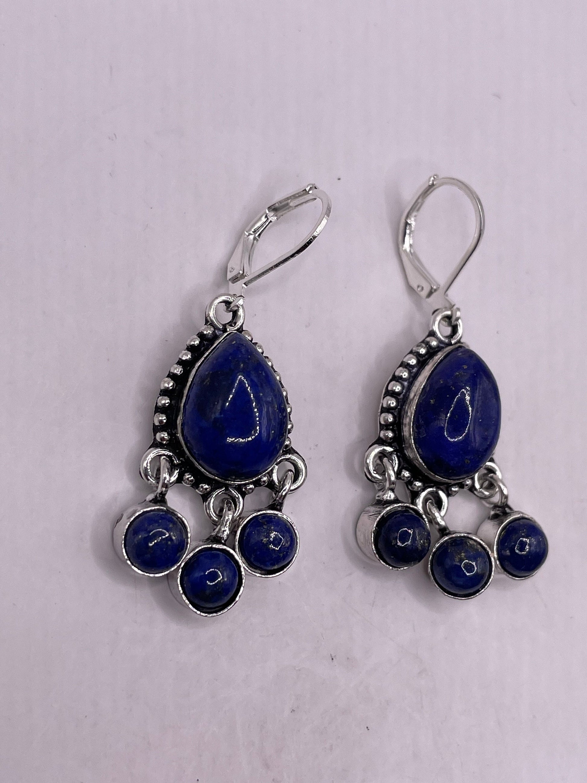 Vintage Blue Lapis Earrings Silver Dangle