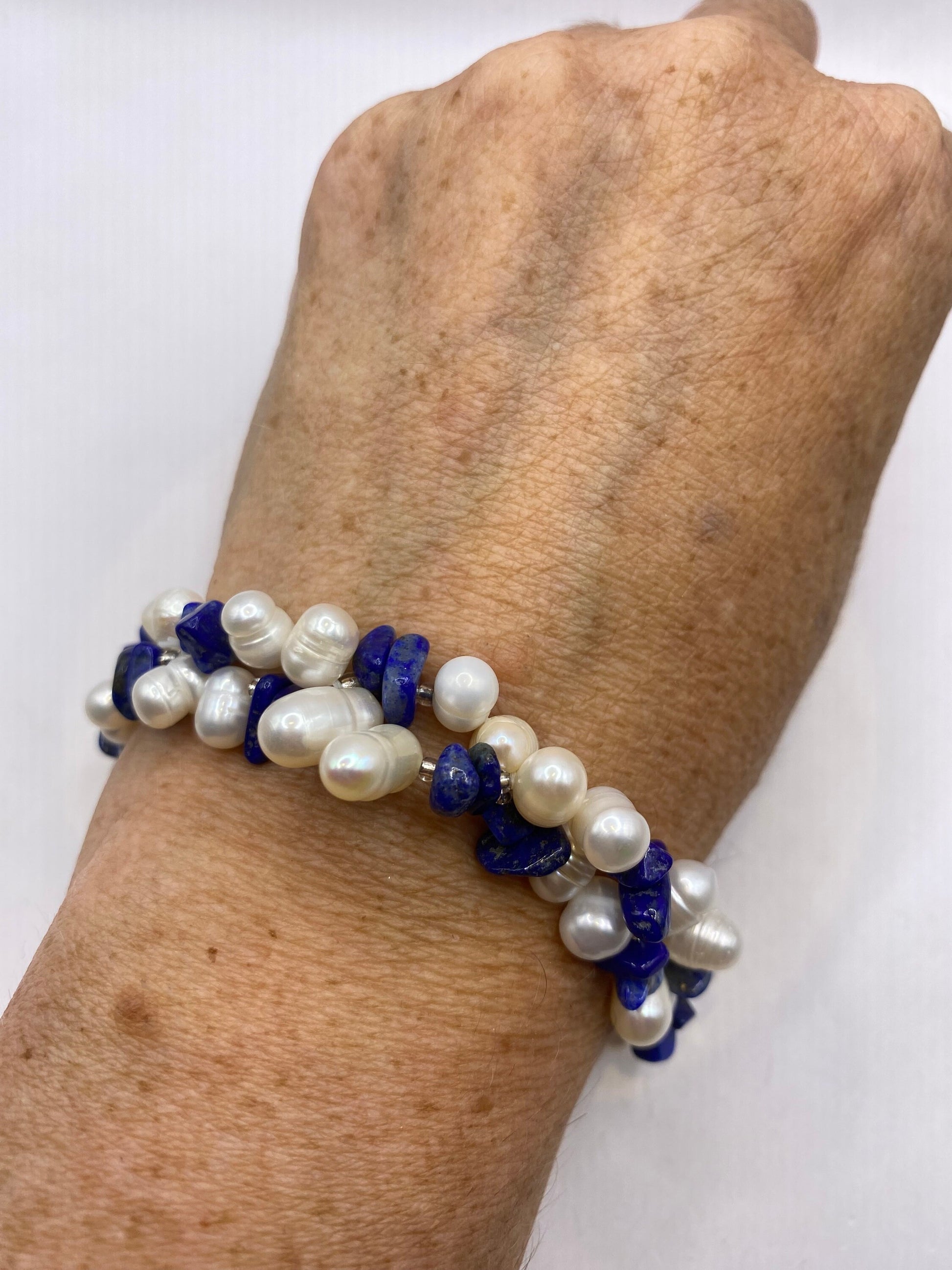 Vintage Pearl and Chip Lapis Stretch Bracelet