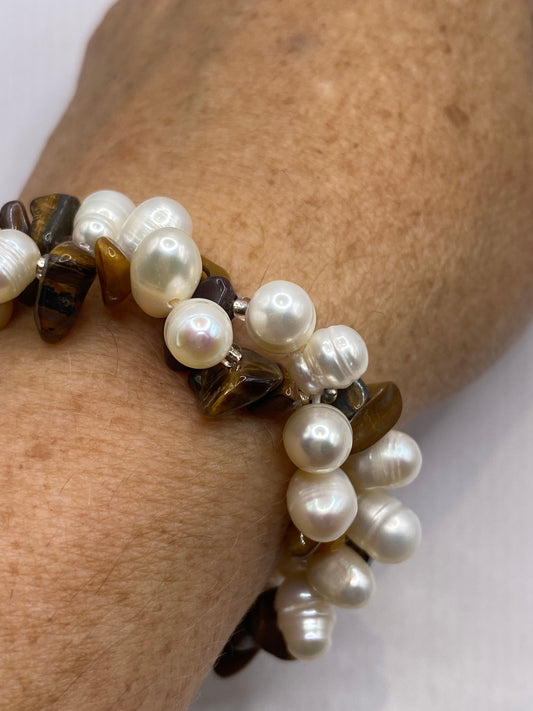 Vintage Pearl and Chip Tigers Eye Stretch Bracelet