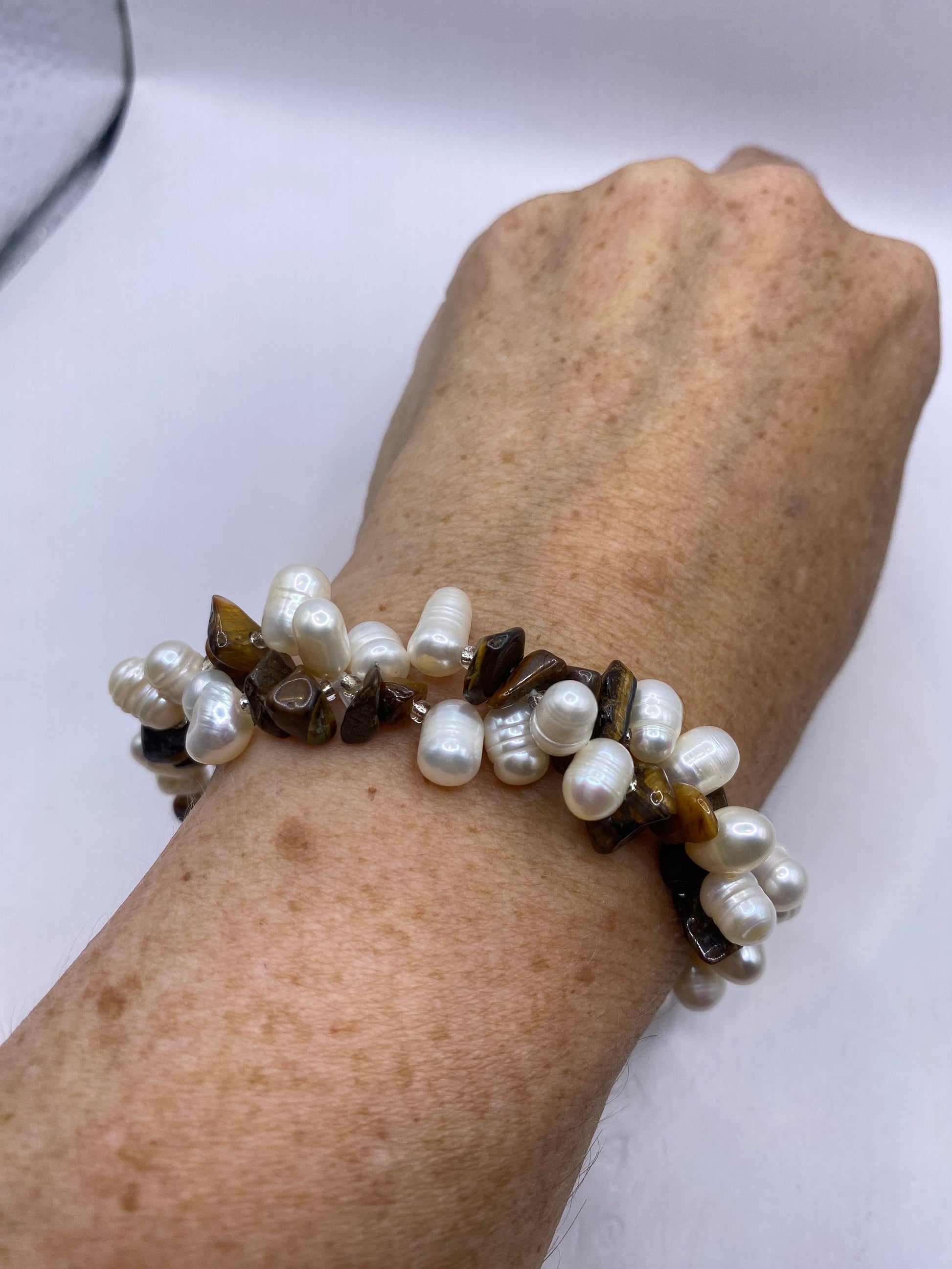 Vintage Pearl and Chip Tigers Eye Stretch Bracelet