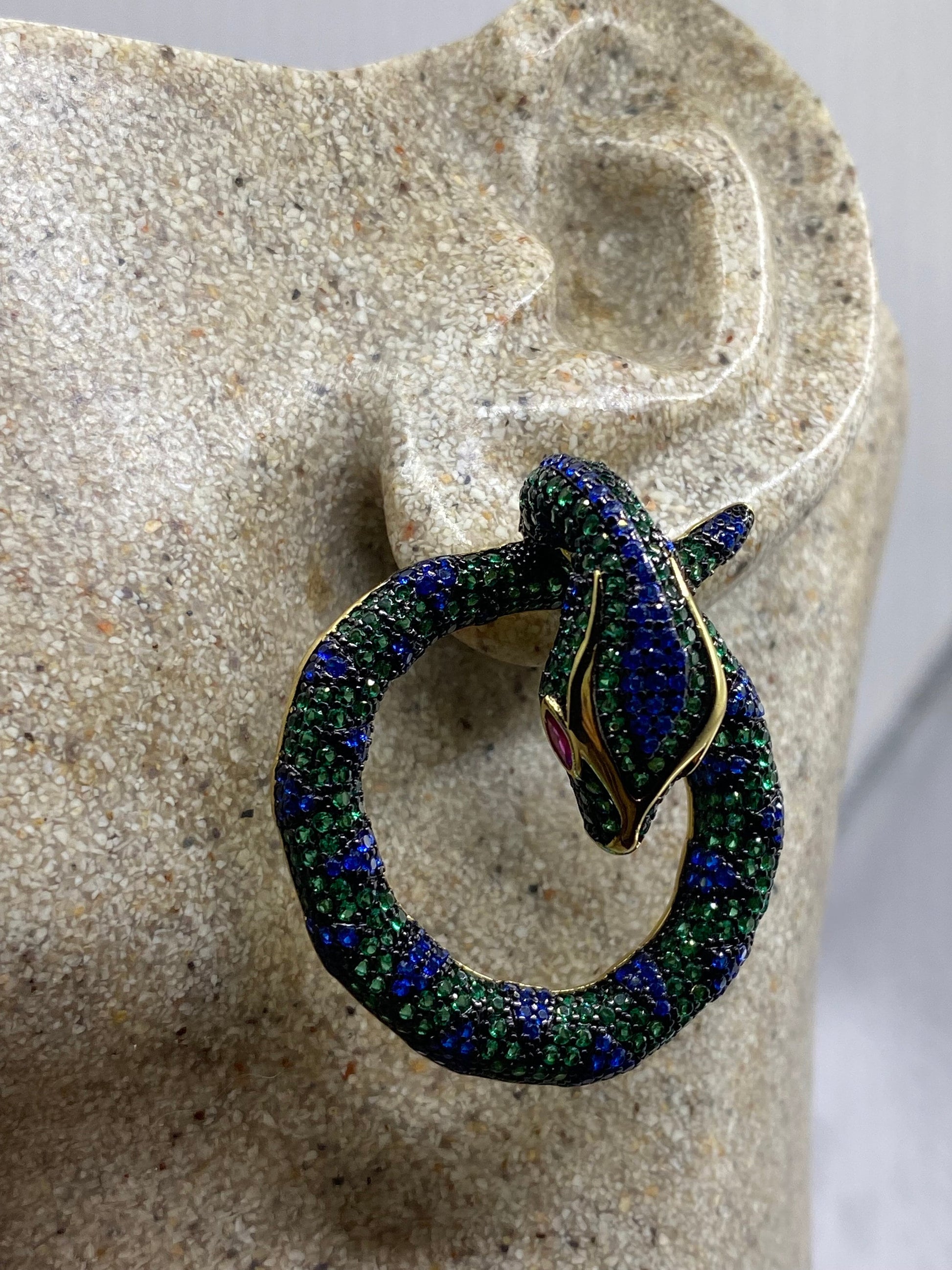 Vintage Green, blue and pink ruby crystal Snake Earrings golden 925 Sterling Silver