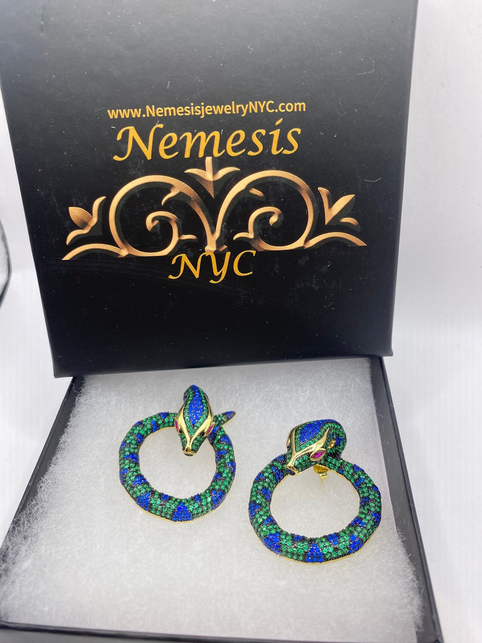 Vintage Green, blue and pink ruby crystal Snake Earrings golden 925 Sterling Silver