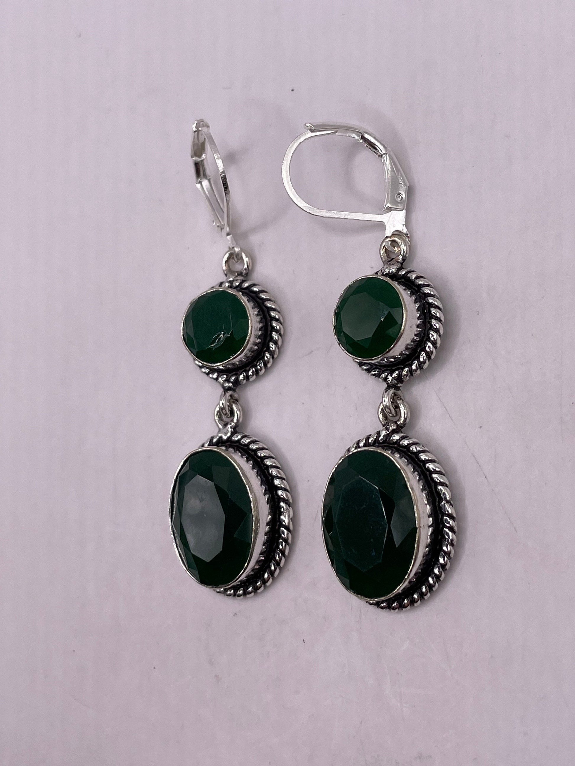 Antique Vintage Green Glass Silver Dangle Earrings