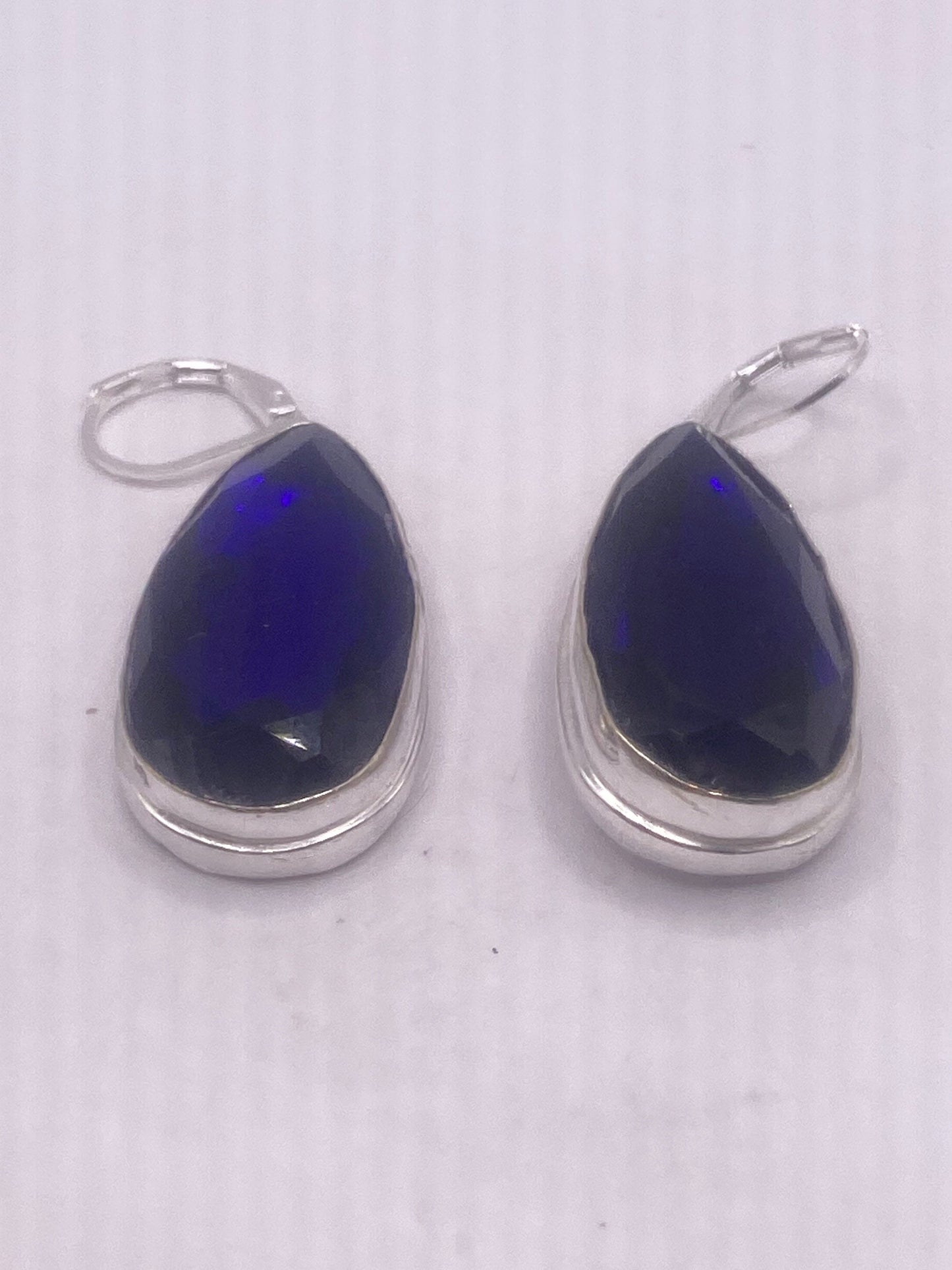 Antique Vintage Blue Cobalt Glass Silver Dangle Earrings