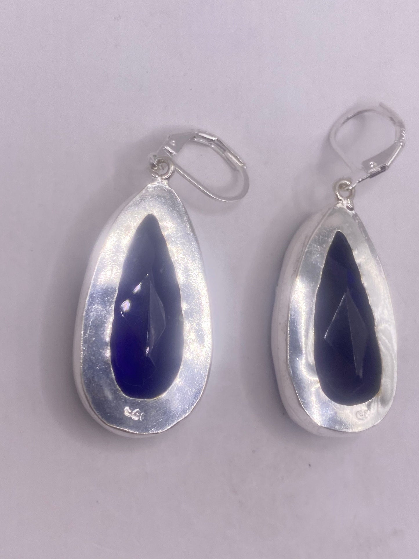 Antique Vintage Blue Cobalt Glass Silver Dangle Earrings