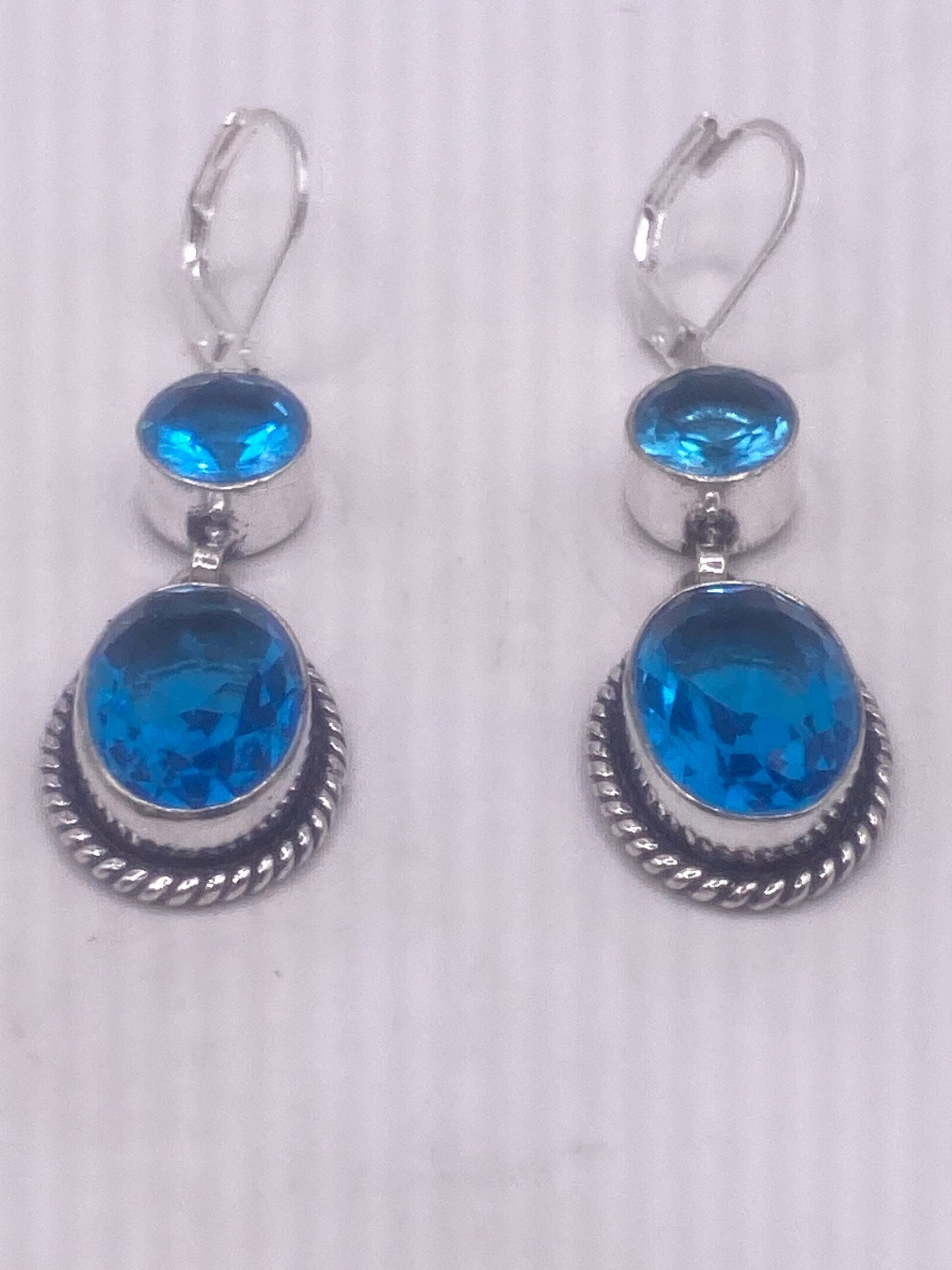 Antique Vintage Blue Glass Silver Dangle Earrings