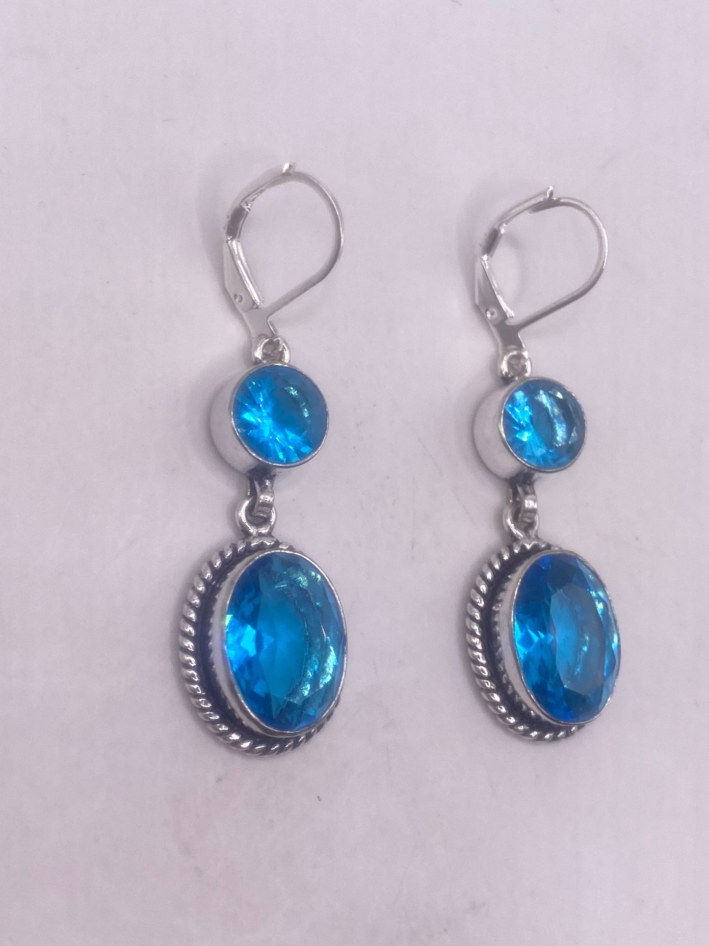 Antique Vintage Blue Glass Silver Dangle Earrings