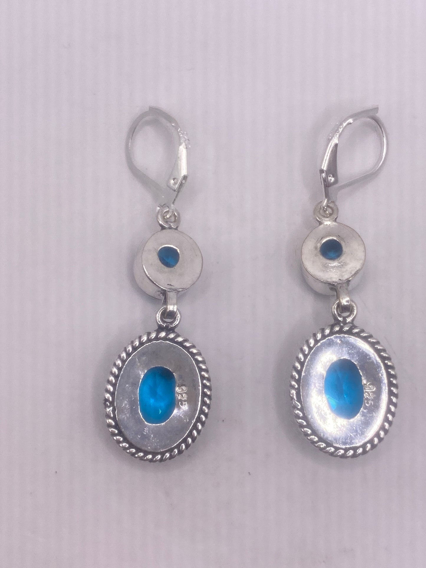 Antique Vintage Blue Glass Silver Dangle Earrings