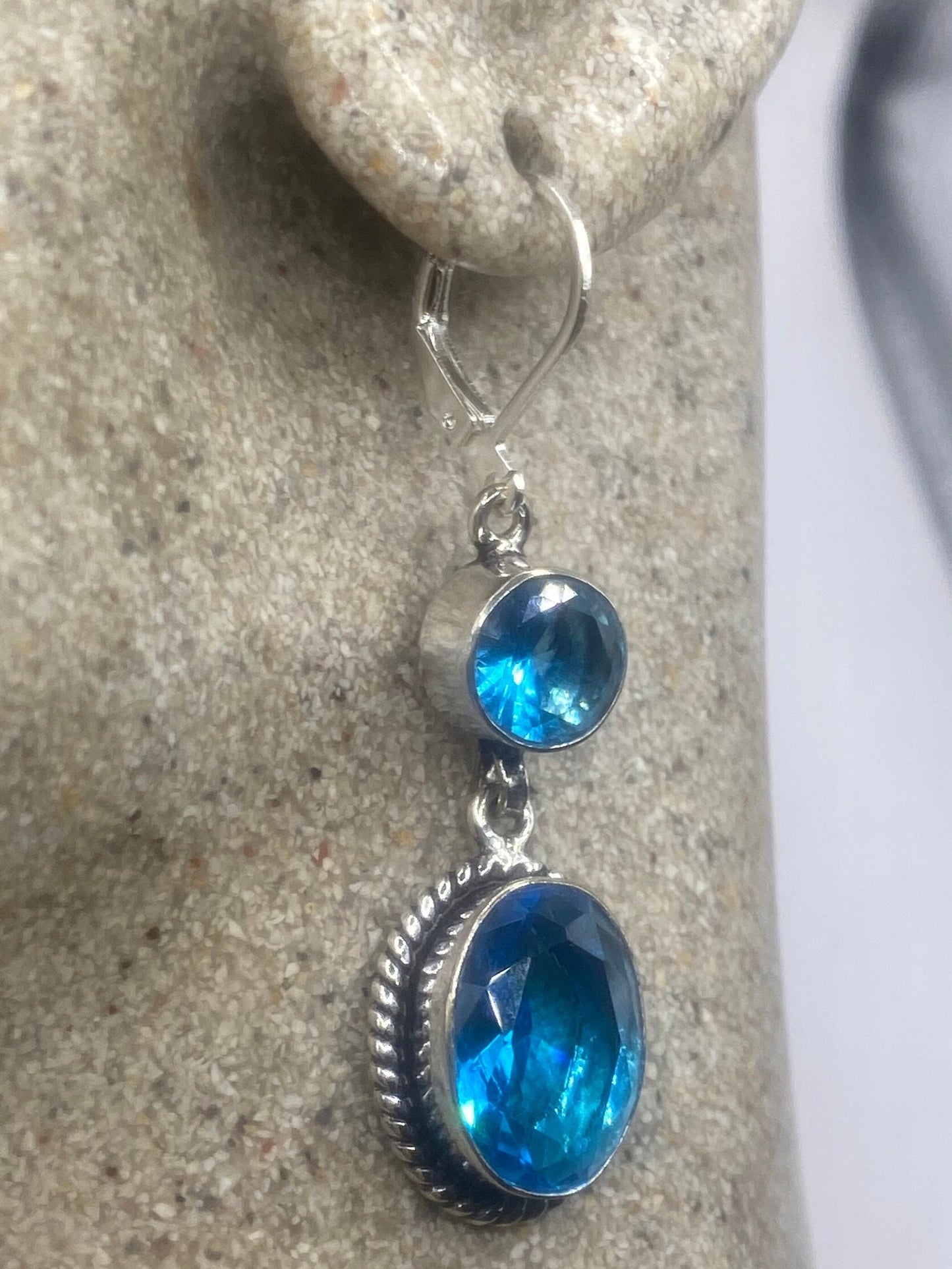 Antique Vintage Blue Glass Silver Dangle Earrings