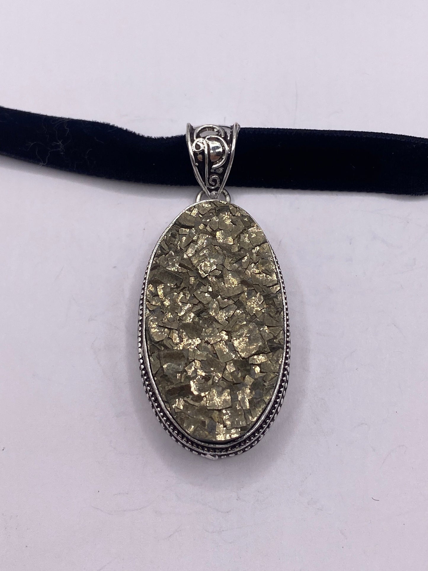 Vintage Silver Genuine Pyrite druzy Dangle Pendant Necklace