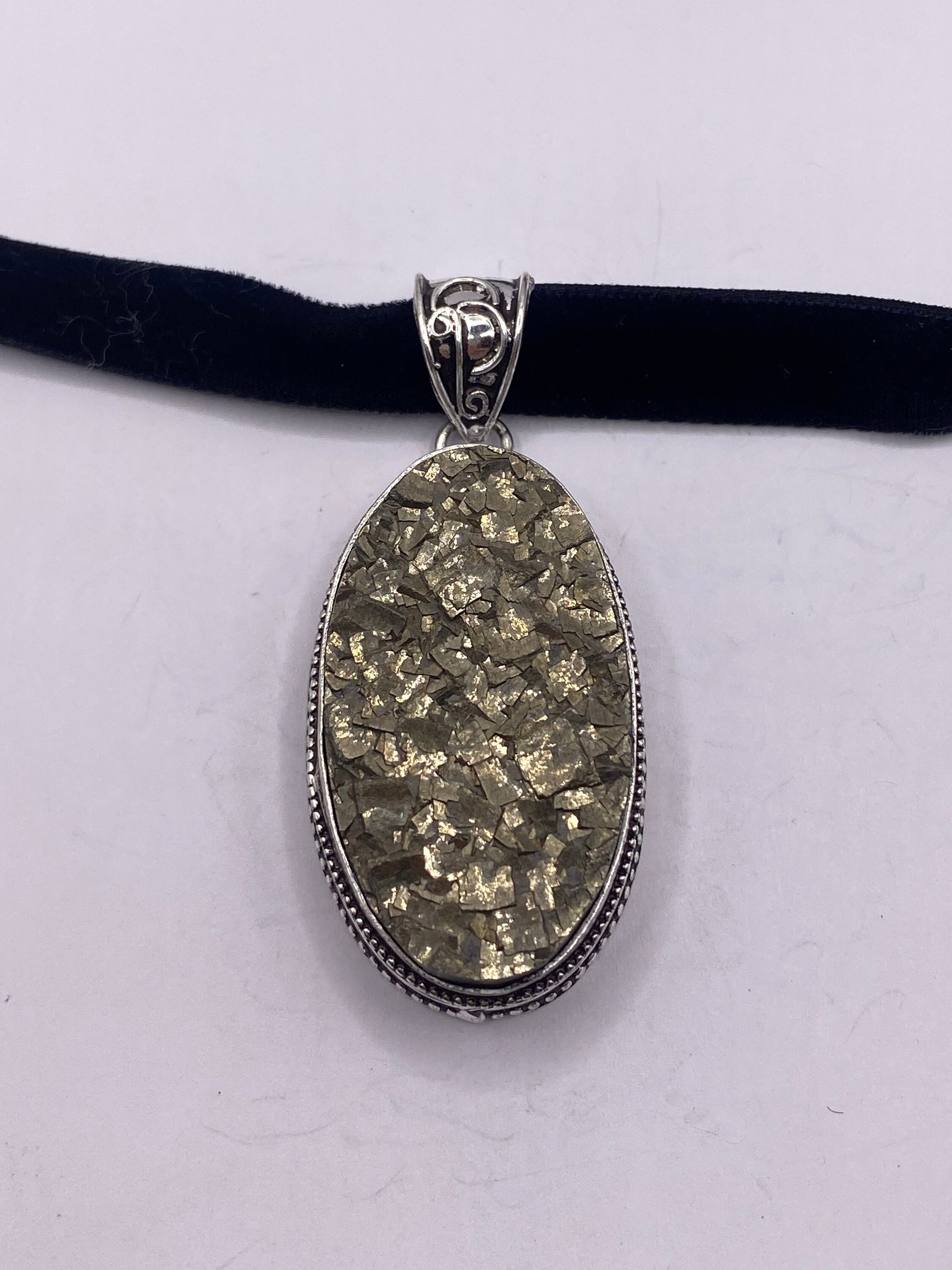 Vintage Silver Genuine Pyrite druzy Dangle Pendant Necklace