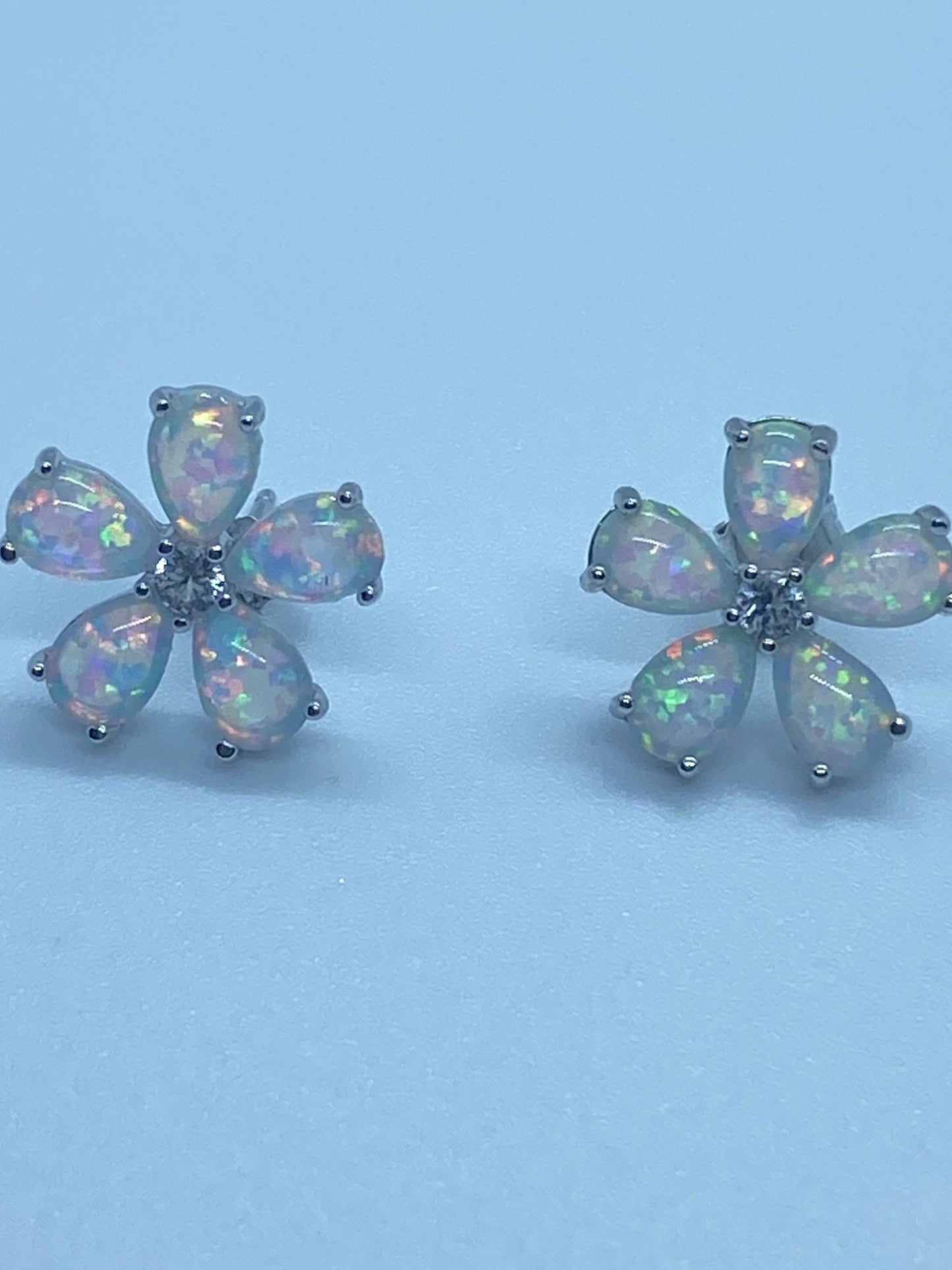 Vintage White Opal Flower Earrings 925 Sterling Silver Stud Button