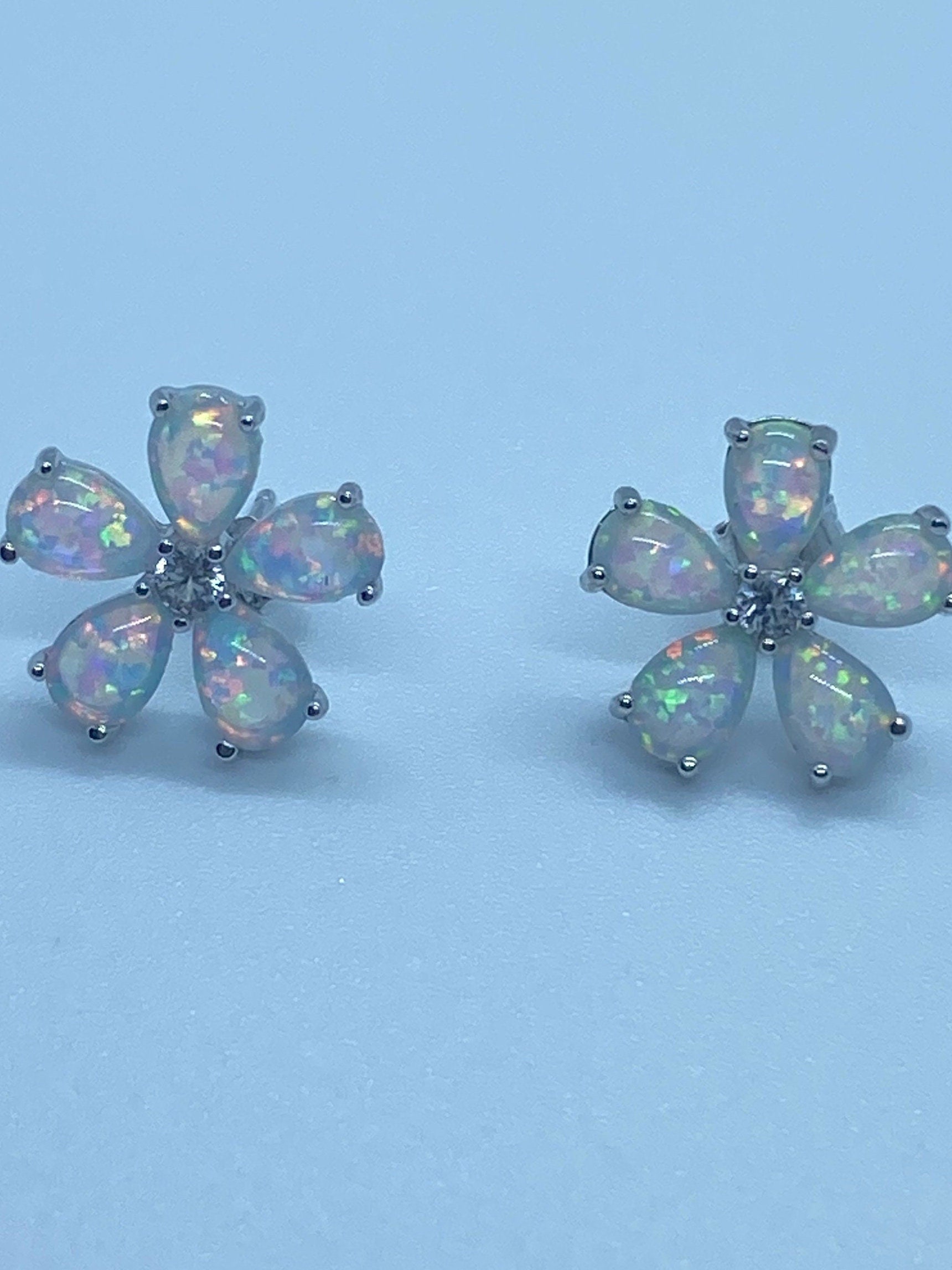 Vintage White Opal Flower Earrings 925 Sterling Silver Stud Button