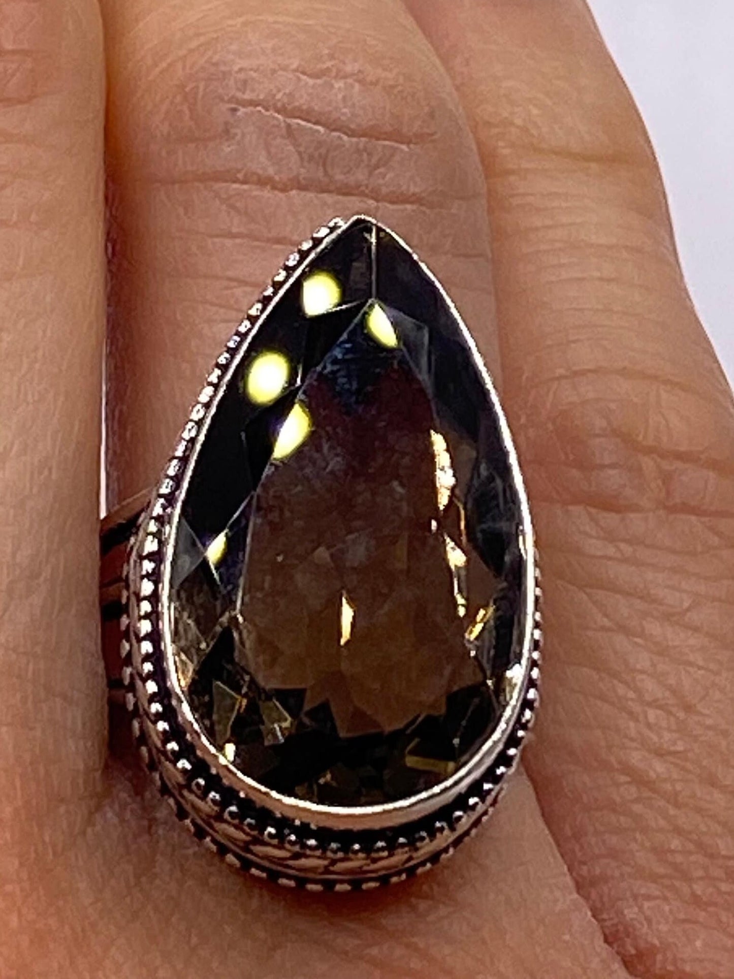 Vintage Smoky Topaz White Bronze Statement Ring