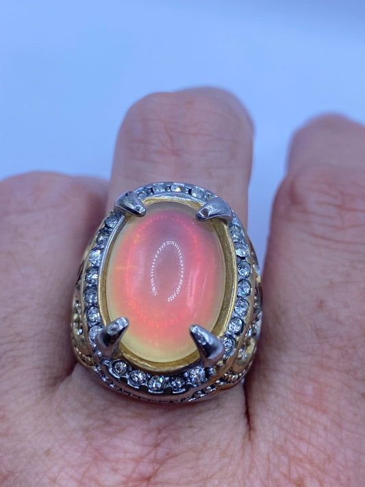 Vintage Aqua Blue Pink Opal Art Glass Cocktail Ring