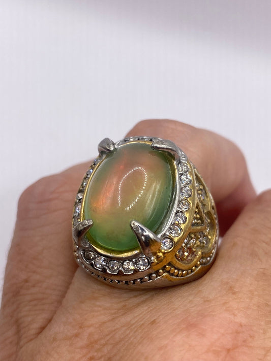 Vintage Aqua Green Pink Opal Art Glass Cocktail Ring