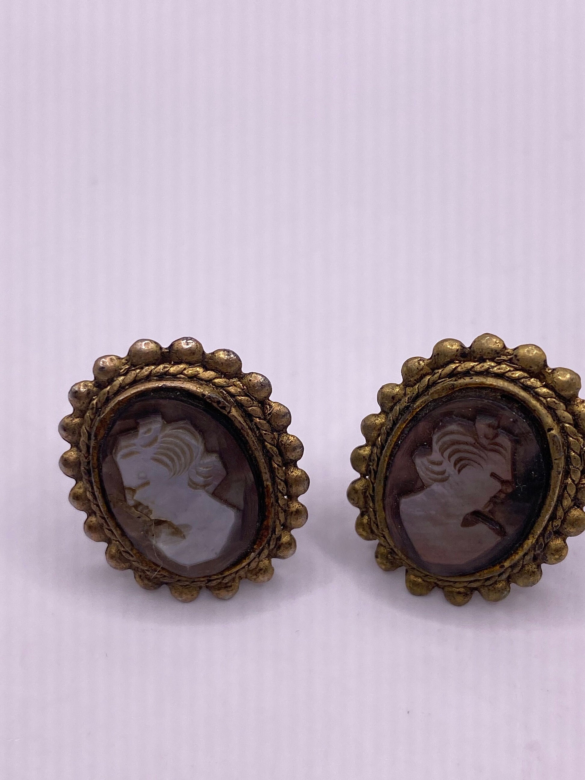 Vintage Abalone Cameo Clip on Earrings